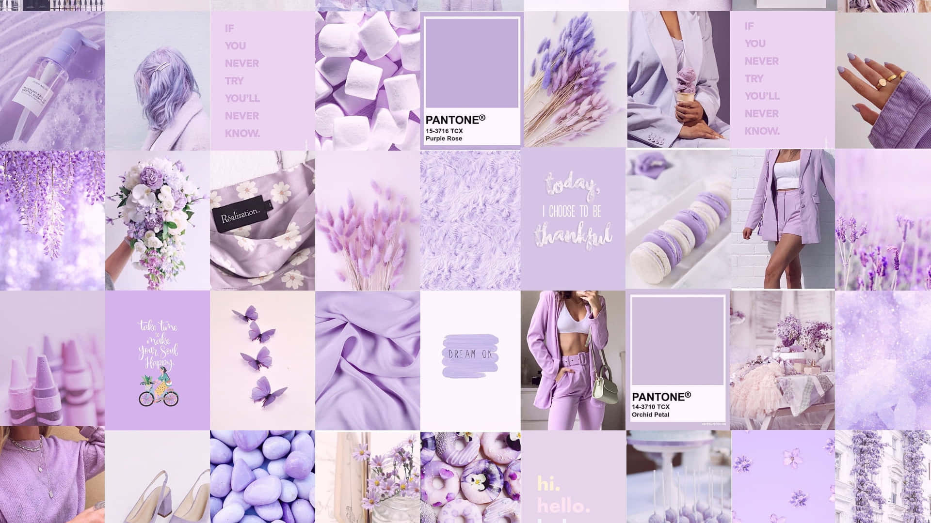 Cute Collage 桌布 壁紙 — 一個夢幻的薰衣草主題拼貼畫，以柔和粉彩色的花朵、時尚、紡織品和彩通色票為特色。