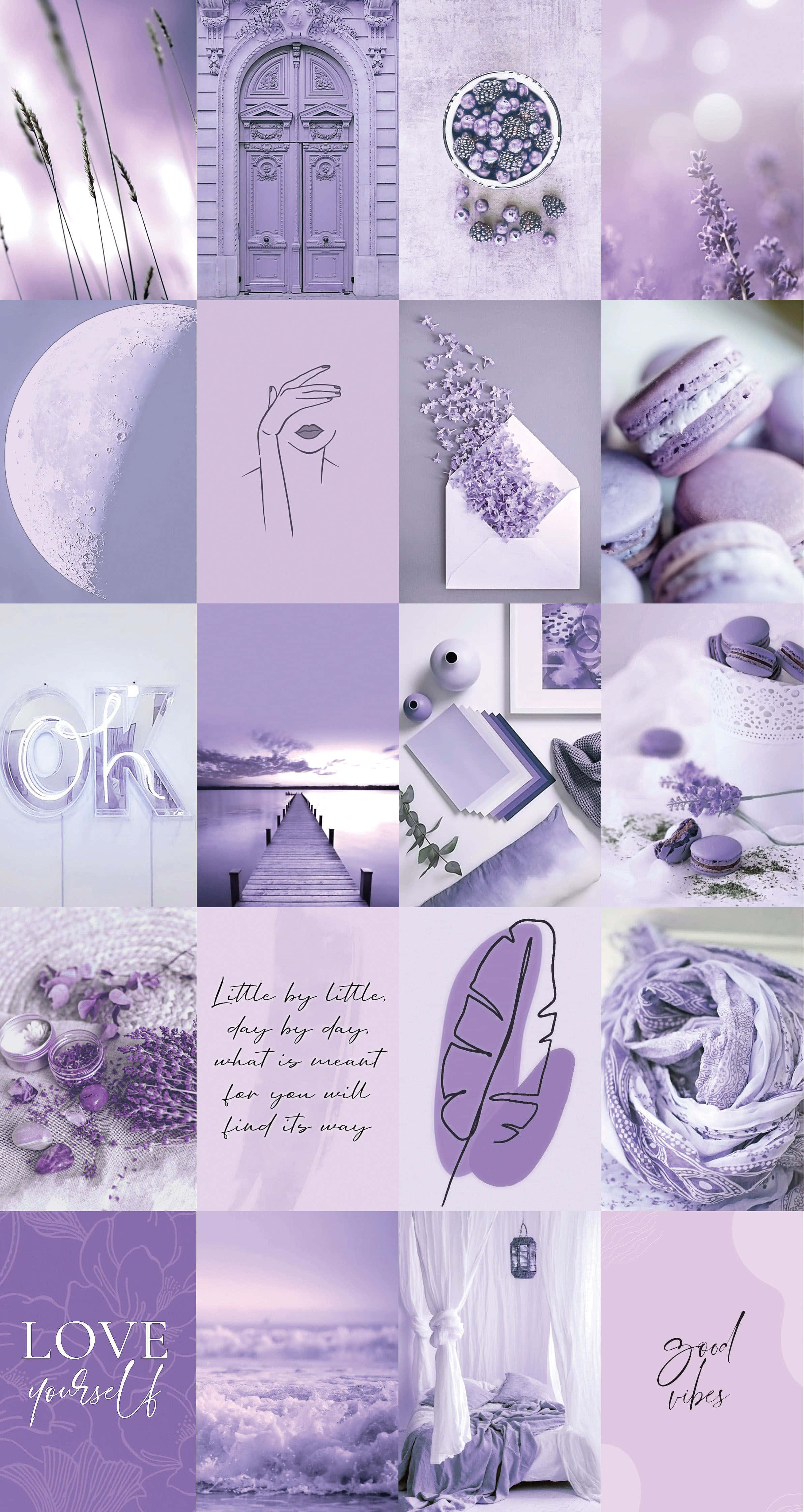 Purple Aesthetic Collage 桌布 壁紙 — 一個夢幻的薰衣草主題拼貼畫，包含門、馬卡龍、月亮和手寫語錄，採用柔和粉彩色調。
