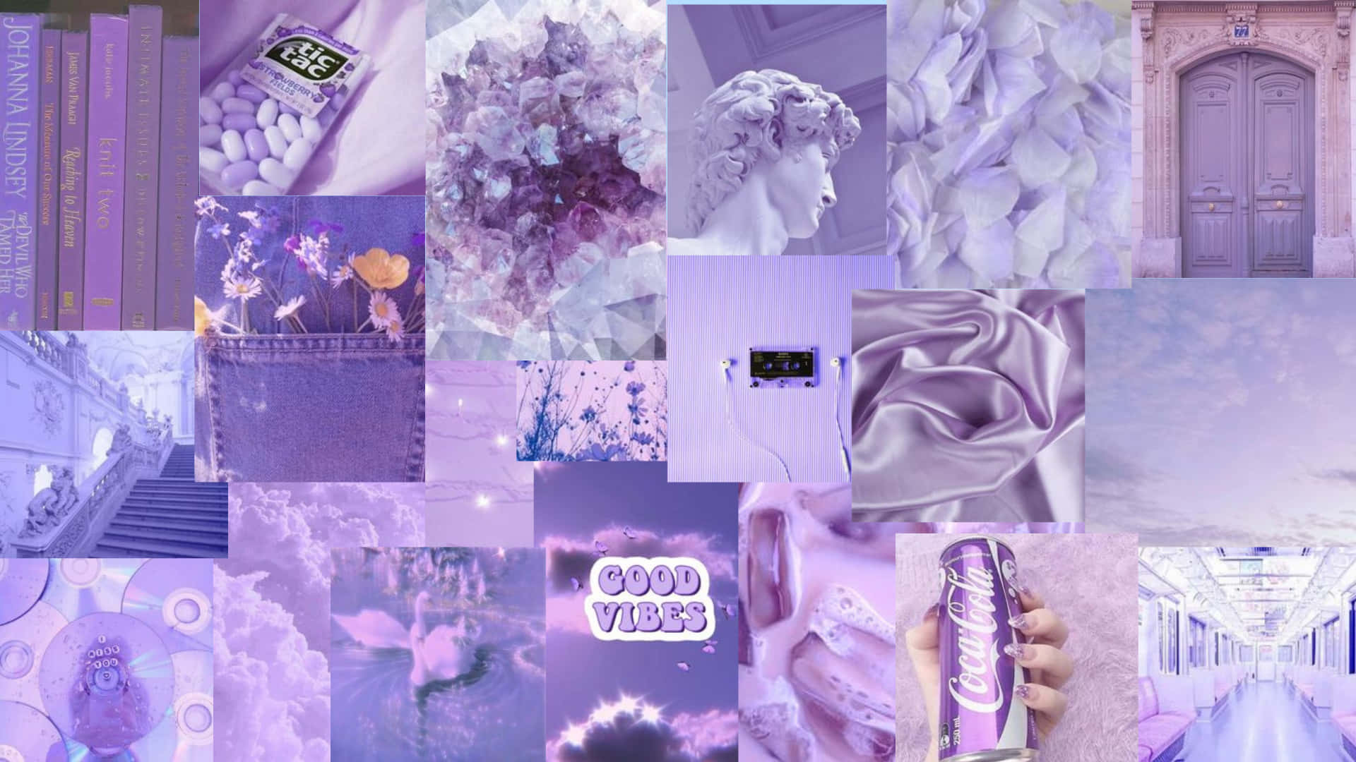 Purple Aesthetic Collage 桌布 壁紙 — 一個夢幻的薰衣草主題拼貼畫，包含書籍、水晶、雕像、花朵和汽水罐，採用柔和粉彩調。
