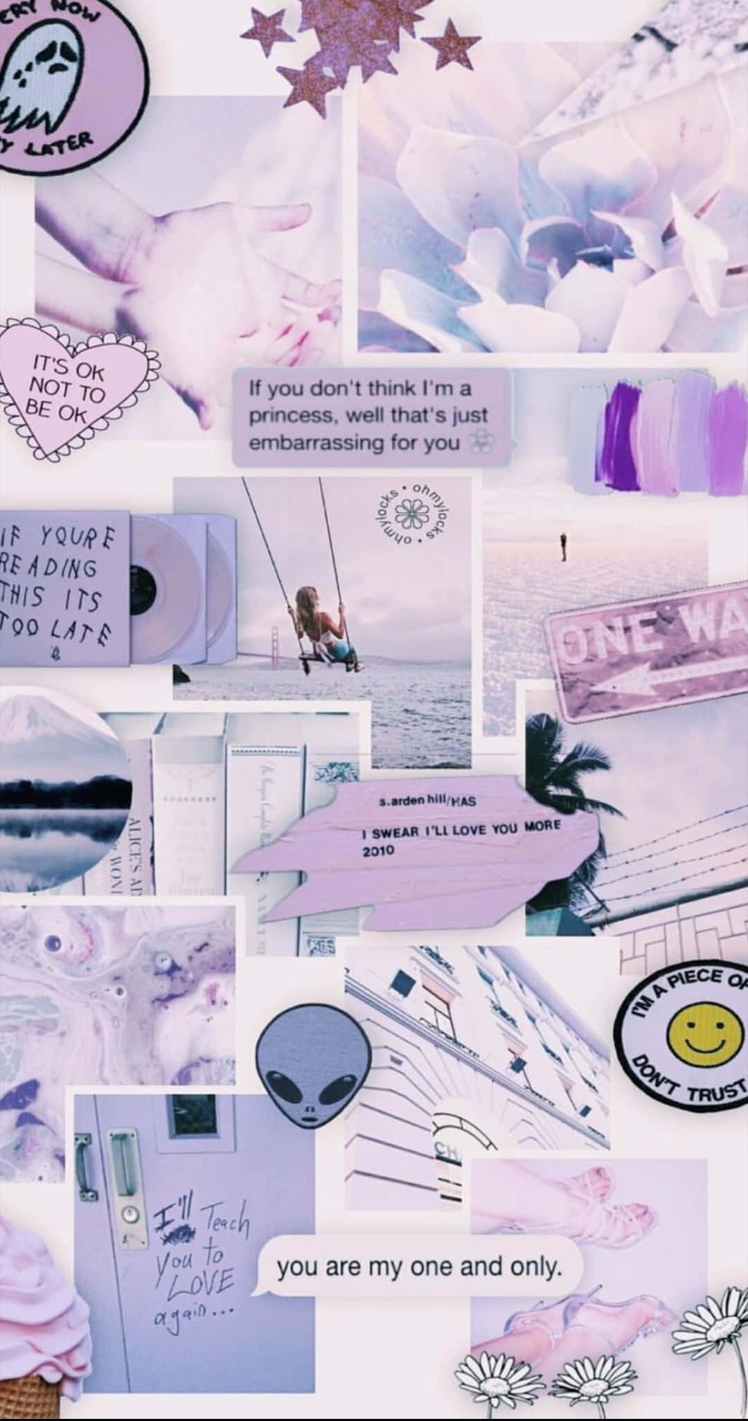 Purple Aesthetic Tumblr 桌布 壁紙 — 一個夢幻的薰衣草和白色拼貼畫，包含手寫語錄、浪漫塗鴉和復古照片，以剪貼簿風格排列。
