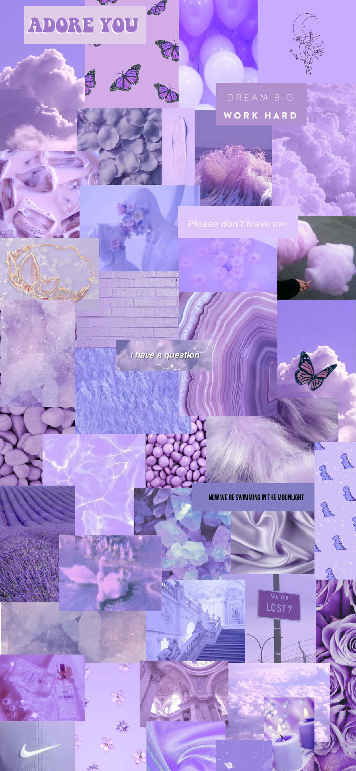 Purple Collage 桌布 壁紙 — 一個夢幻的薰衣草拼貼畫，包含蝴蝶、雲朵、勵志名言和柔和質感，呈現粉紫色美學。