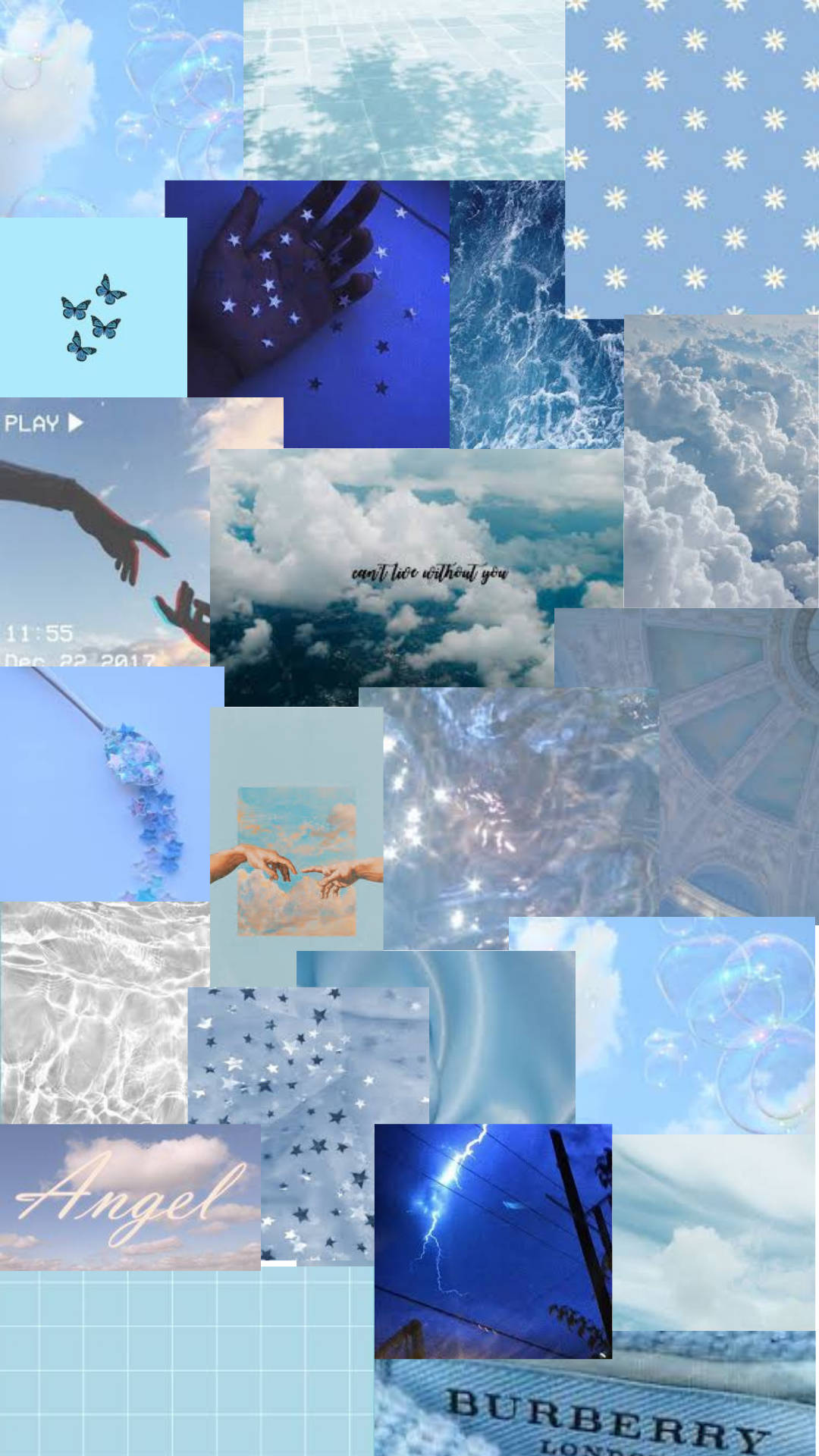 桌布 壁紙 — 一個夢幻的藍色調拼貼畫，包含天空、雲朵、星星、手部和文字片段，喚起浪漫與懷舊之情。
