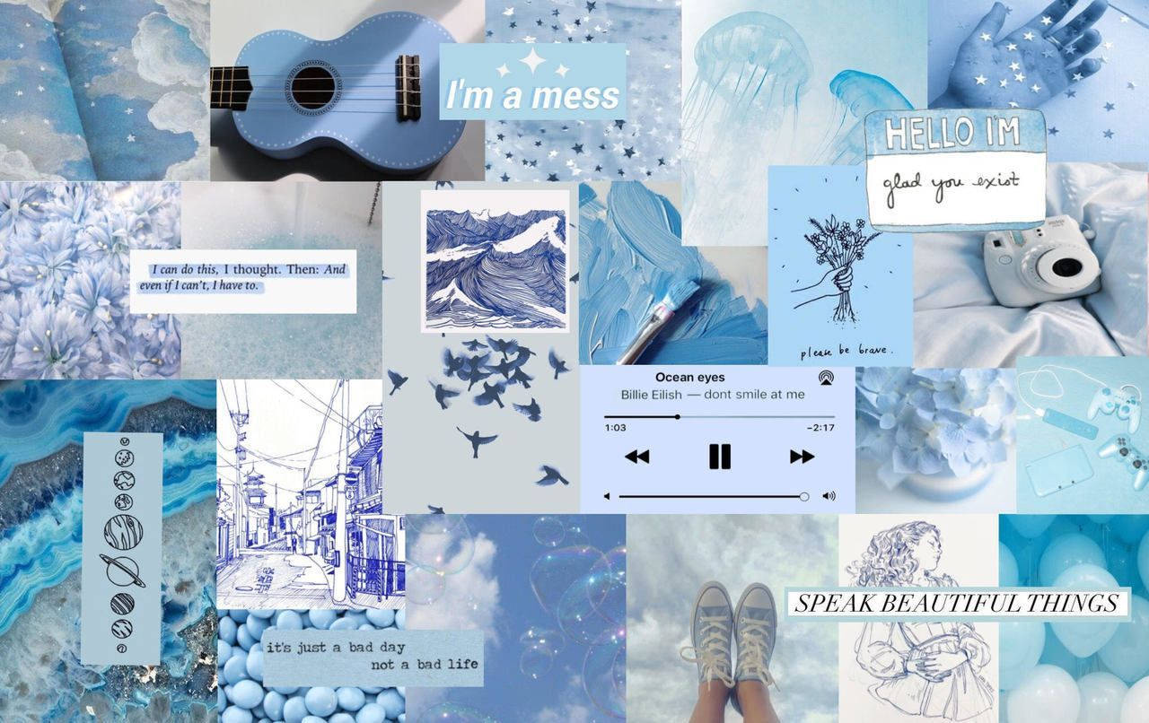 Pinterest Aesthetic 桌布 壁紙 — 一個夢幻的藍調拼貼畫，包含烏克麗麗、水母、音樂播放器、運動鞋和手寫語錄，背景為柔軟的紋理。