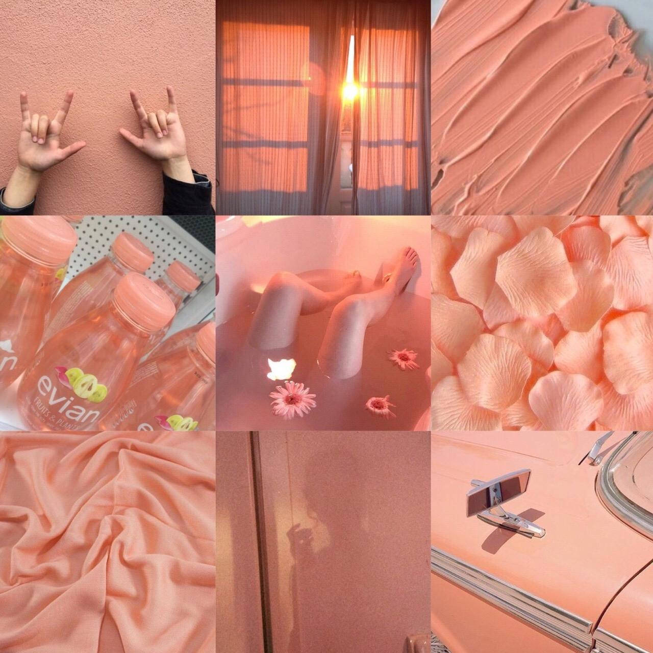 Peach 桌布 壁紙 — 一個夢幻的蜜桃色拼貼畫， featuring 手做搖滾手勢、窗簾後的日落、玫瑰花瓣、Evian 水瓶、布料、浴缸腳和一部復古車。