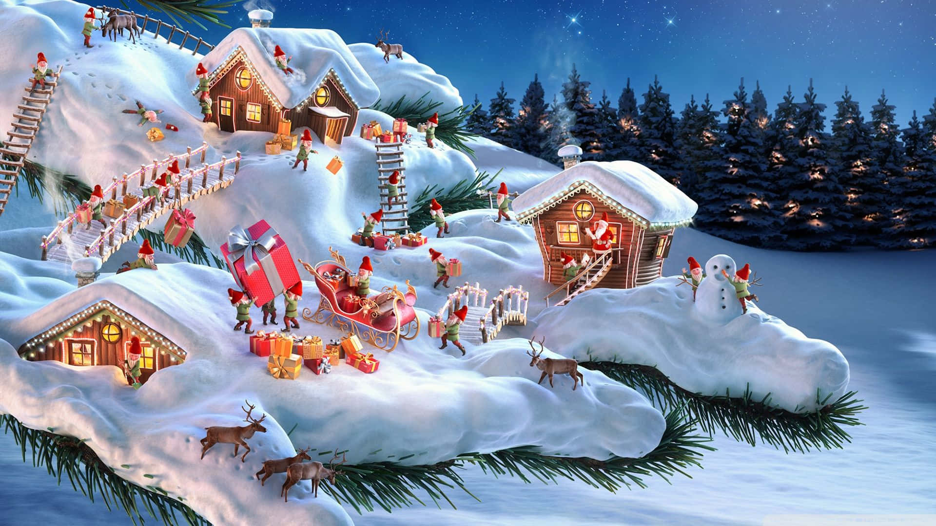 Santa Claus HD 桌布 壁紙 — 一個夢幻的雪夜村莊，精靈們乘坐雪橇在星空下穿梭於積雪的小屋和松樹之間運送禮物。