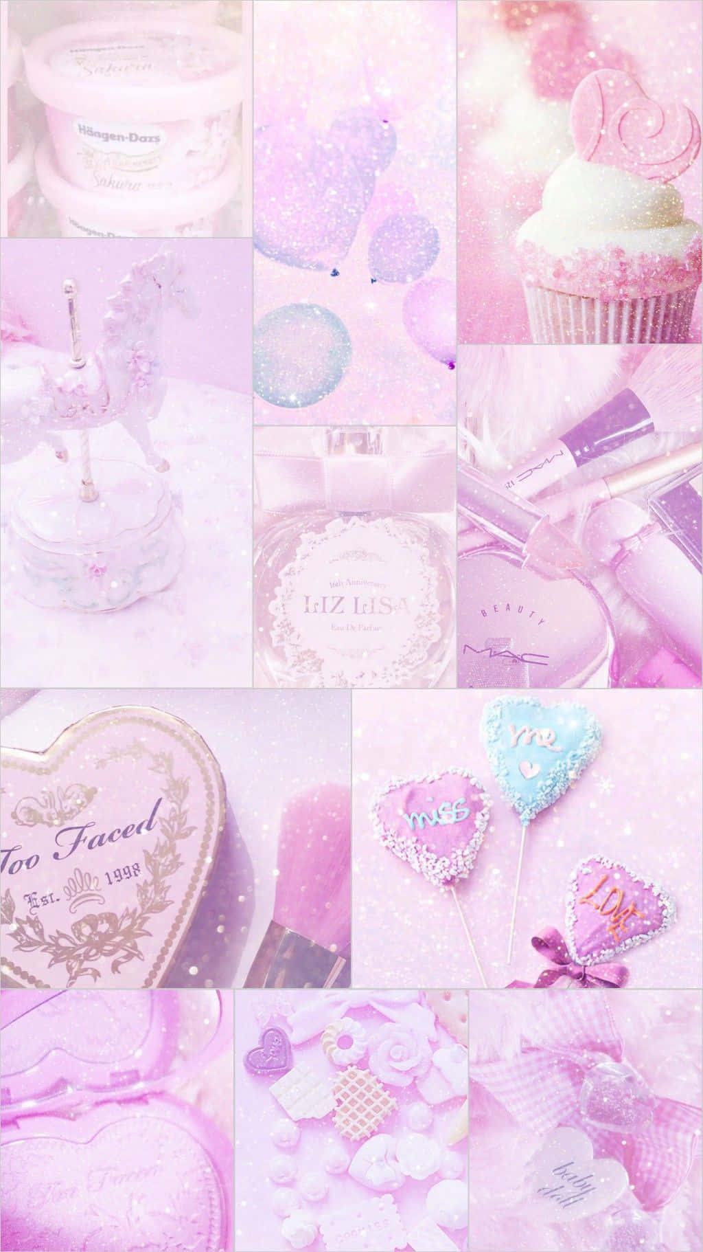 girly pink aesthetic 桌布 壁紙 — 一個夢幻粉紅色拼貼，包含閃閃發光的杯子蛋糕、化妝刷、心形糖果和復古美容產品。
