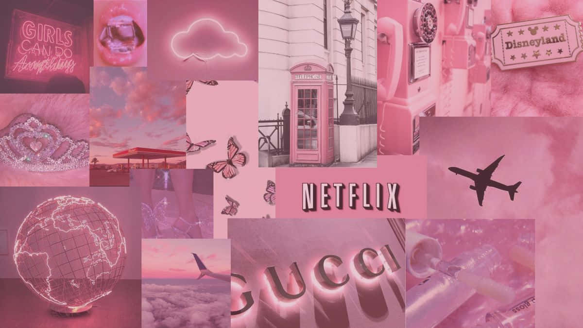 桌布 壁紙 — 一個夢幻粉紅色調的拼貼畫，包含電話亭、蝴蝶、Netflix 標誌和奢華品牌元素。