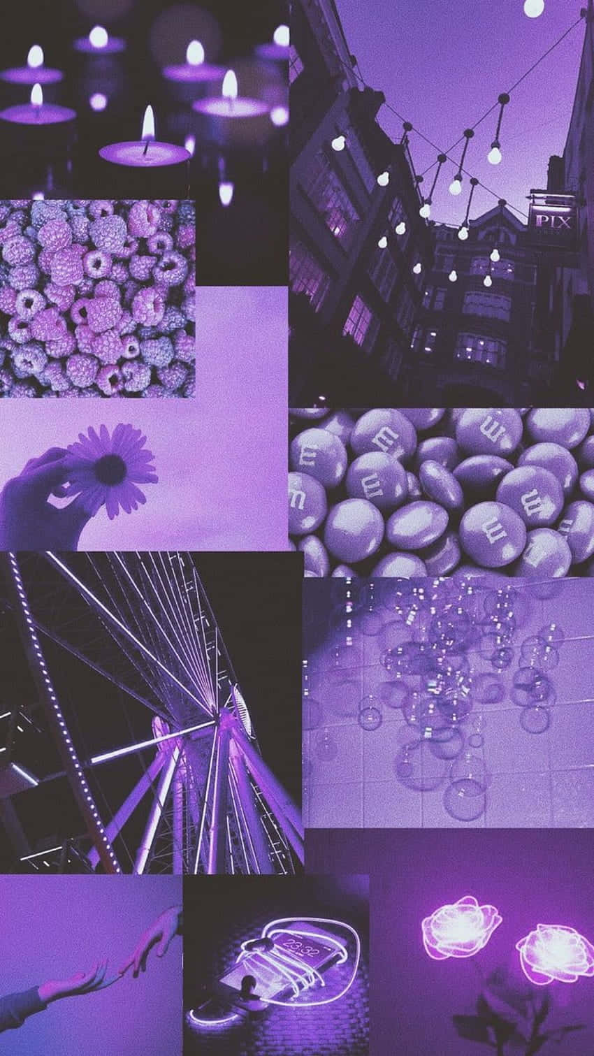 Purple Collage 桌布 壁紙 — 一個夢幻紫色調的拼貼畫，包含蠟燭、花朵、糖果、泡泡和霓虹燈，營造出城市夜晚的氛圍。