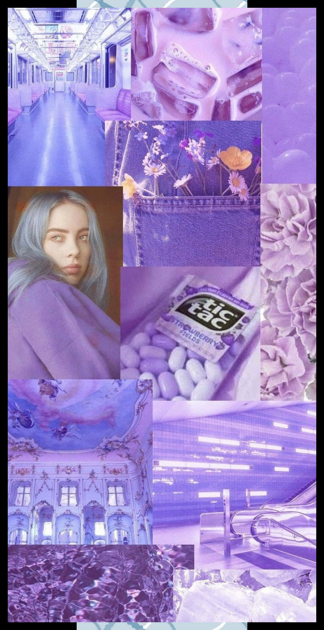 Billie Eilish Purple 桌布 壁紙 — 一個夢幻紫色調的拼貼畫，包含走廊、花朵、糖果、一個人以及華麗的建築。