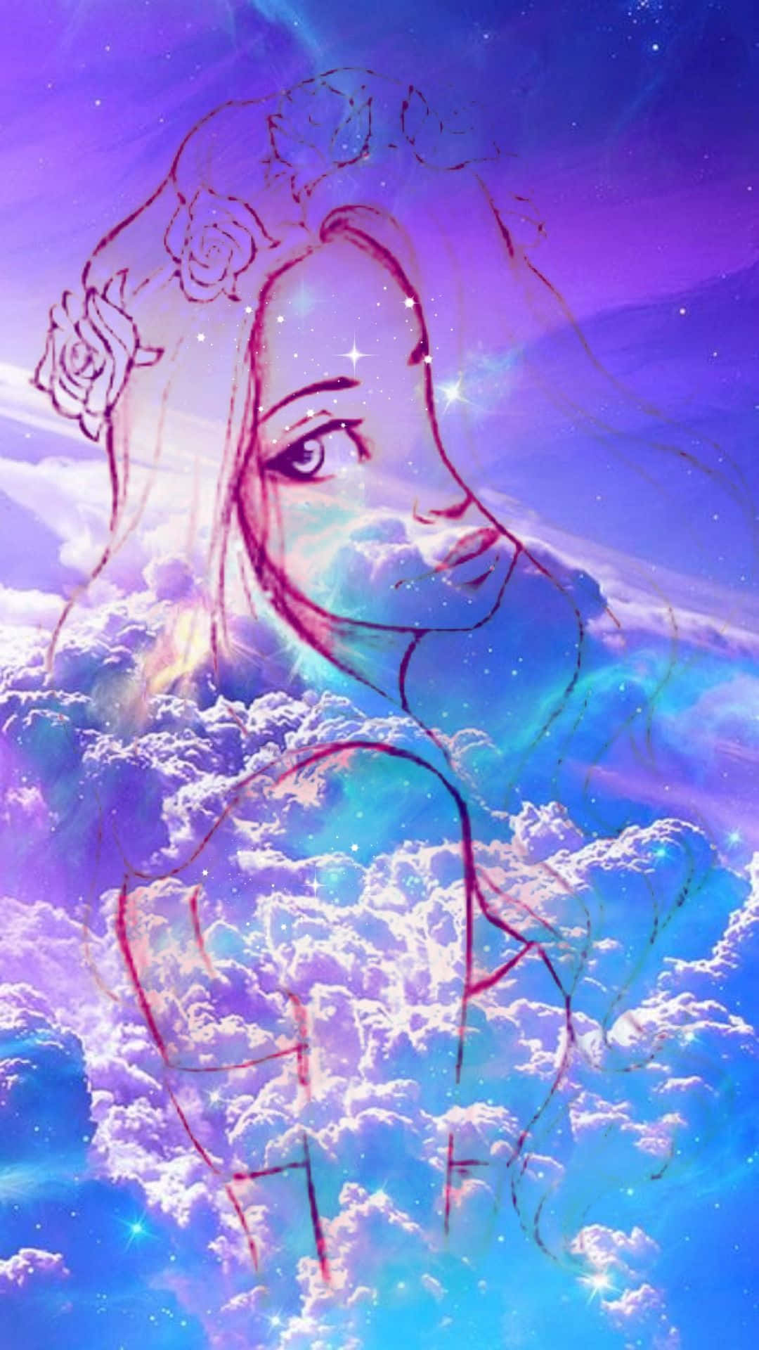 桌布 壁紙 — 一個夢幻般的動漫女孩戴著玫瑰皇冠，在星光燦爛的紫色天空下漂浮在發光的雲層中。