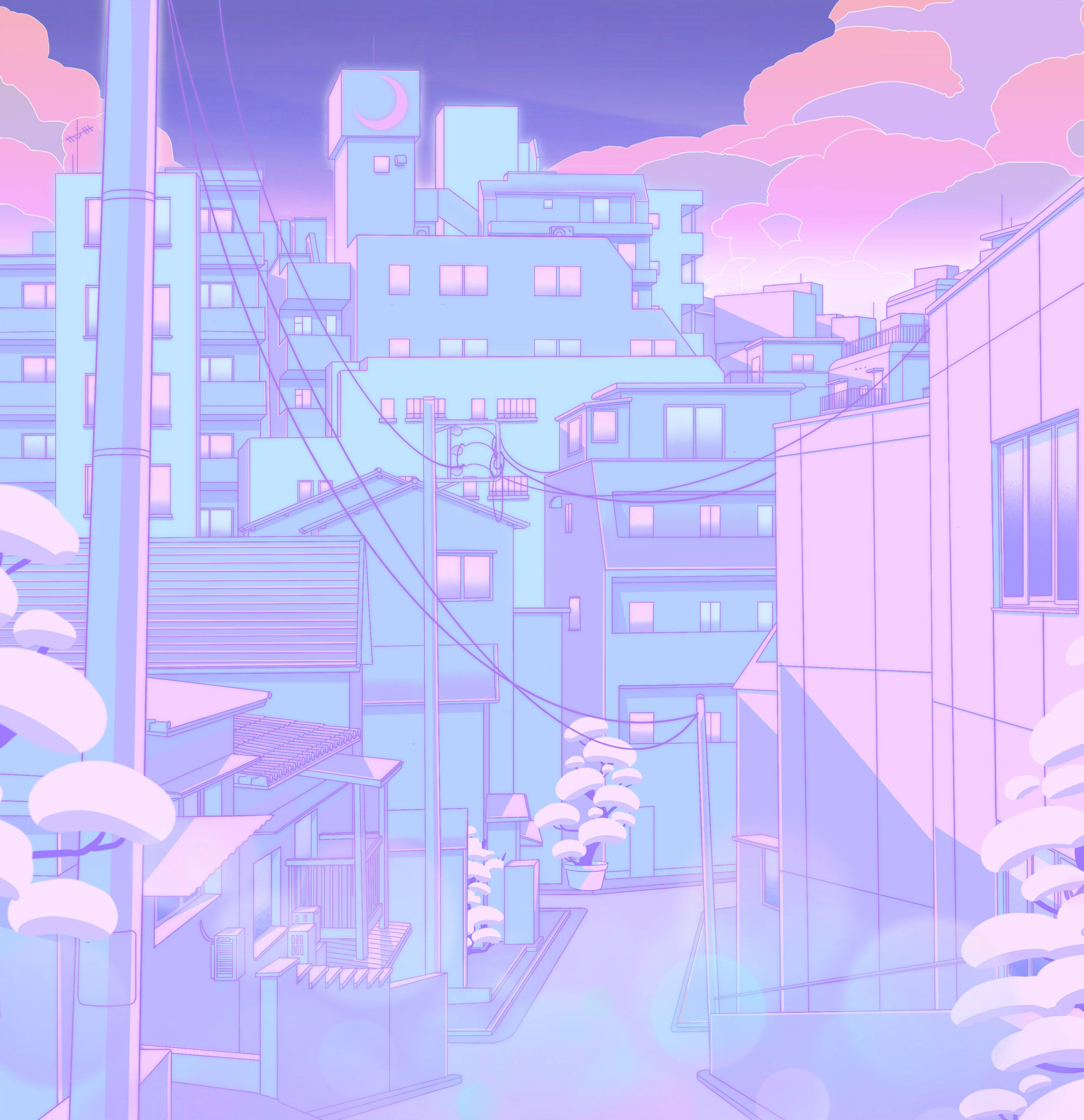 Japanese Aesthetic 桌布 壁紙 — 一個夢幻般的動漫風格城市景觀，沐浴在柔和的紫色和粉紅色調中，有積雪的樹木和發光的窗戶。