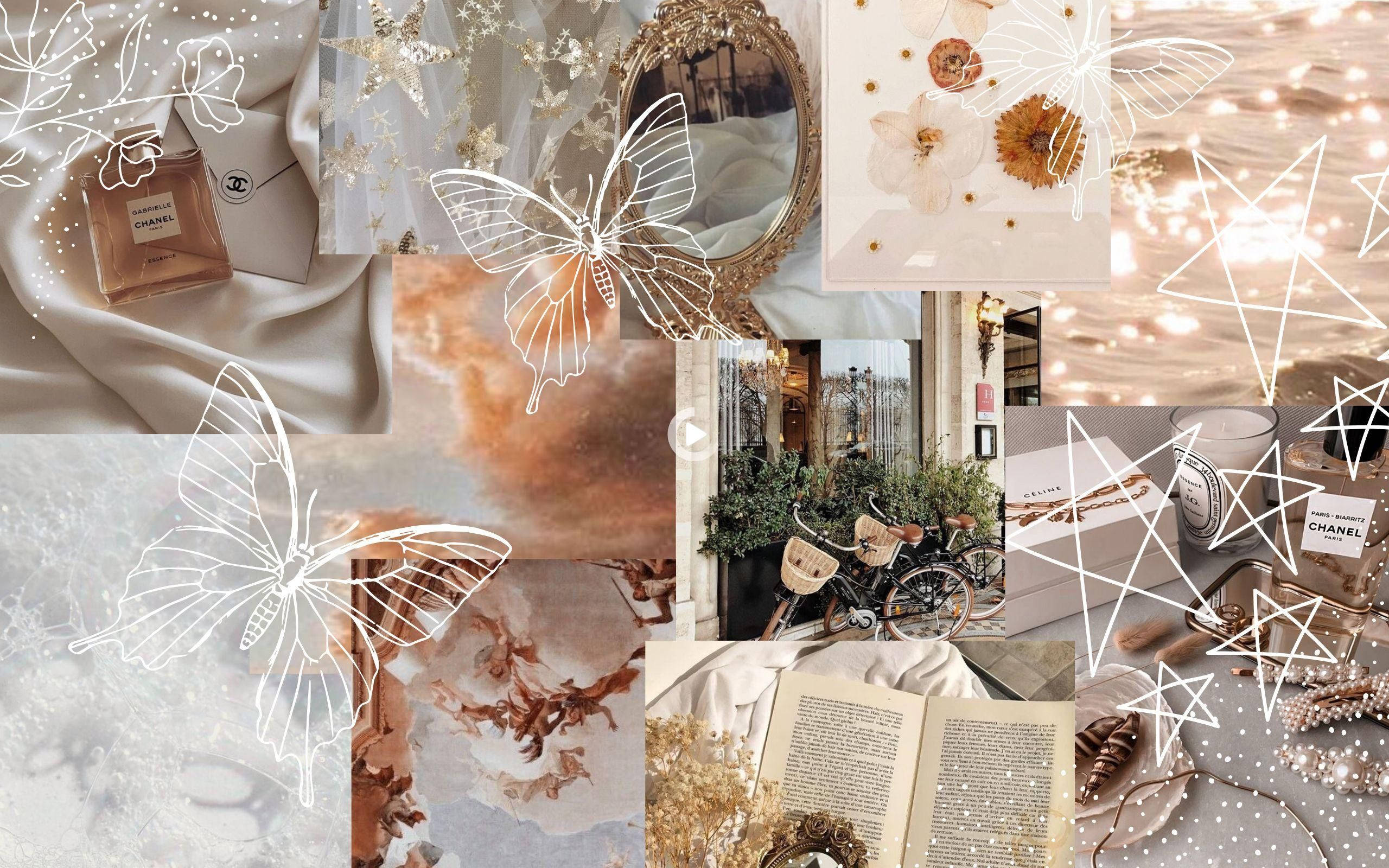 Pinterest Aesthetic 桌布 壁紙 — 一個夢幻般的拼貼畫，包含奢侈品、蝴蝶和柔和燈光，以浪漫美學排列。