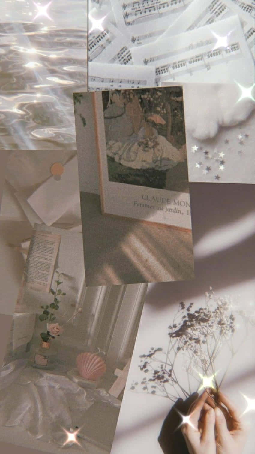 Soft White Aesthetic 桌布 壁紙 — 一個夢幻般的拼貼畫，包含復古藝術樂譜、乾花和柔和光線，並帶有閃爍的星星效果。