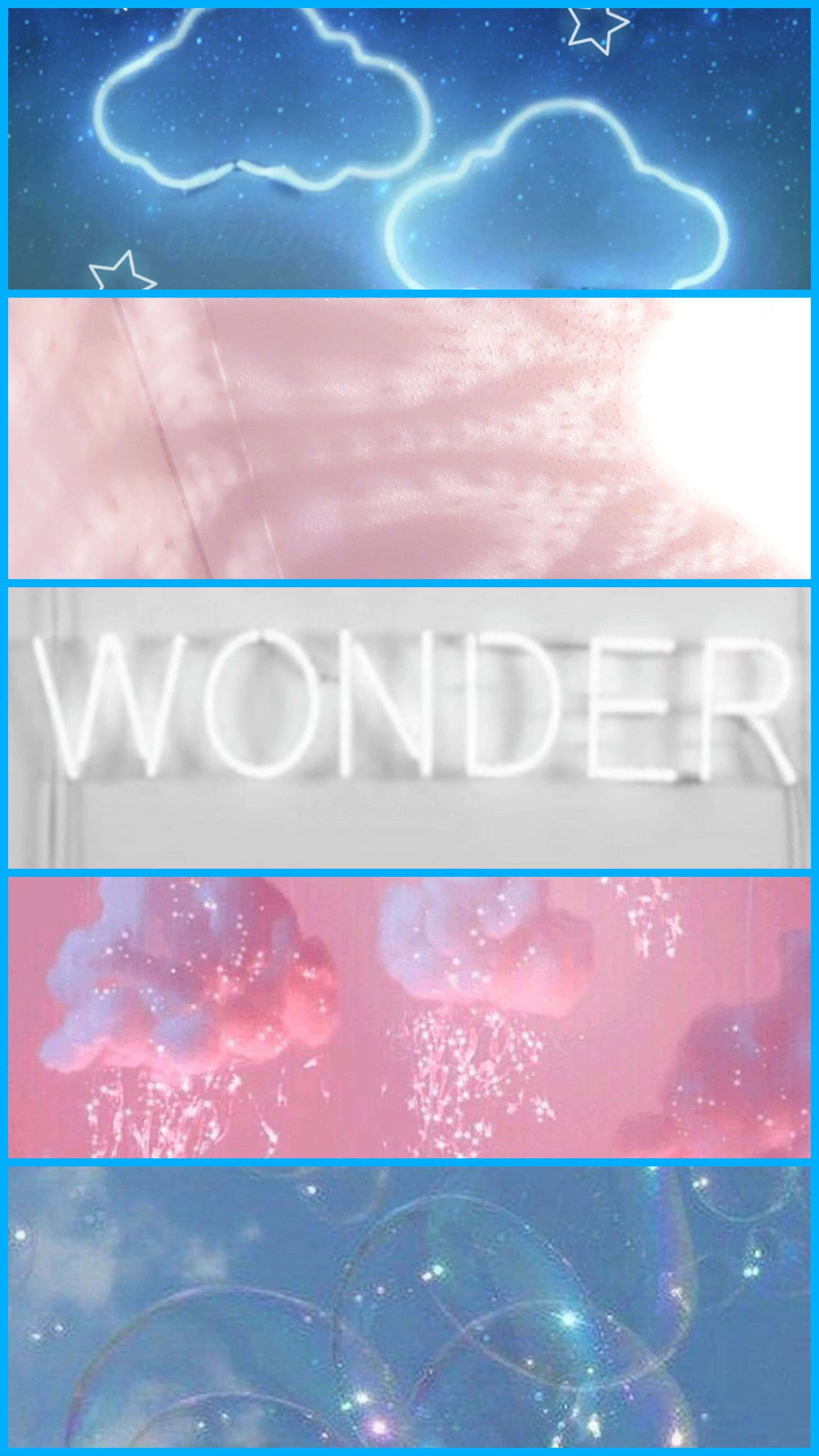 transgender 桌布 壁紙 — 一個夢幻般的拼貼畫，包含發光的霓虹雲朵、星星、泡泡和單詞 wonder，採用柔和的粉彩色調。