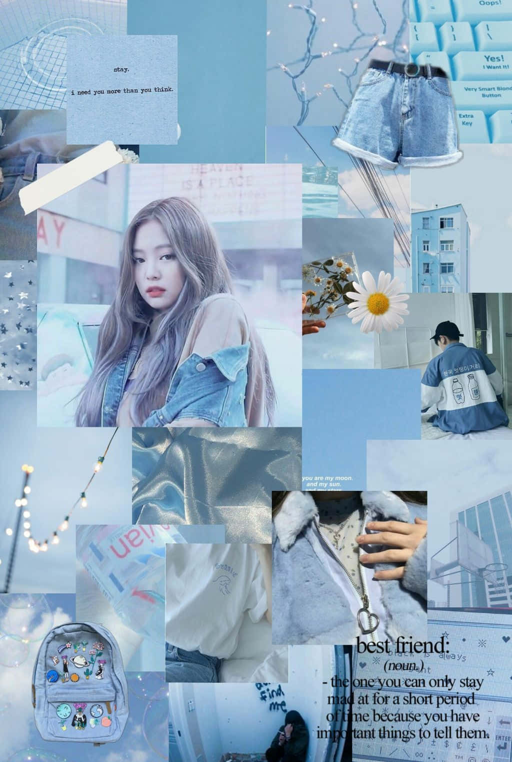 Best Friend Aesthetic 桌布 壁紙 — 一個夢幻藍調拼貼， featuring 一位年輕女性、牛仔短褲、雛菊和手寫語錄，呈現青春美學。