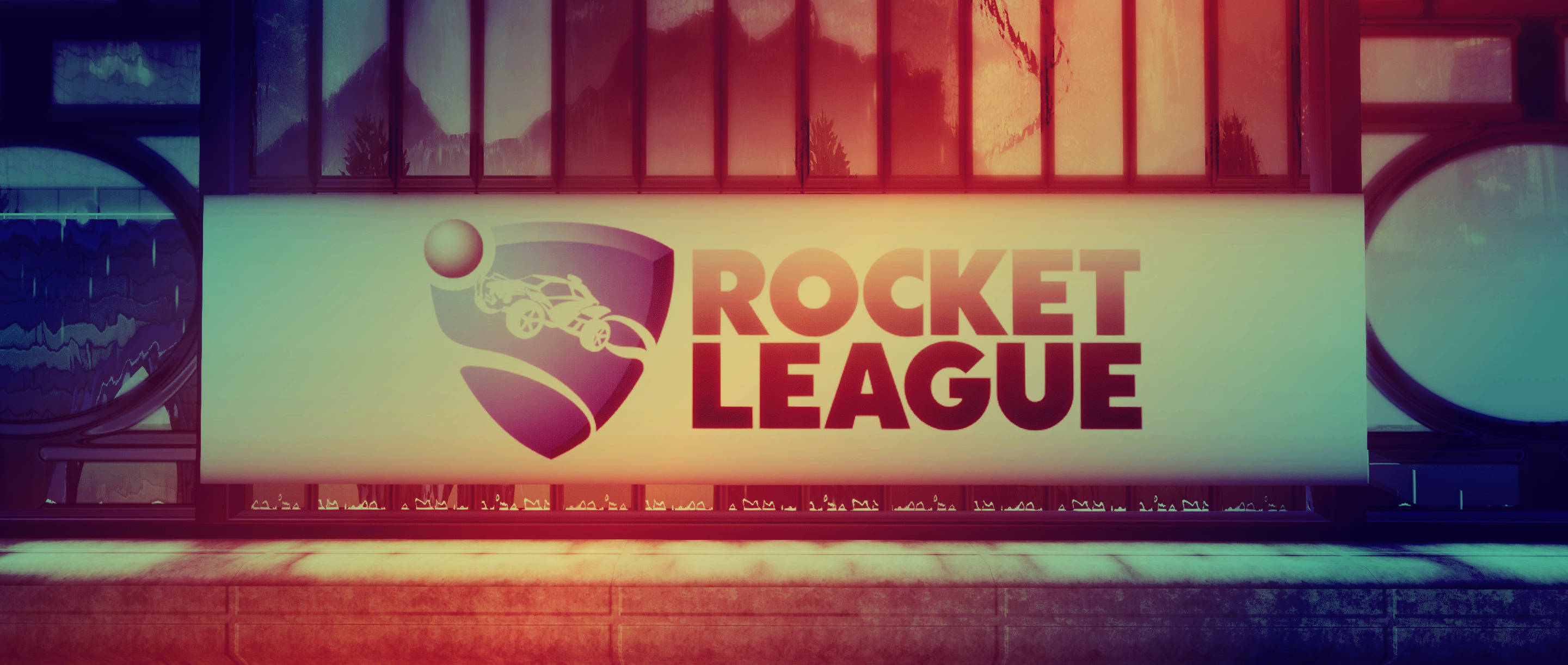 火箭聯盟 桌布 壁紙 — 一個大型Rocket League橫幅掛在現代建築外牆上，窗戶反射出色彩繽紛的日落景色。