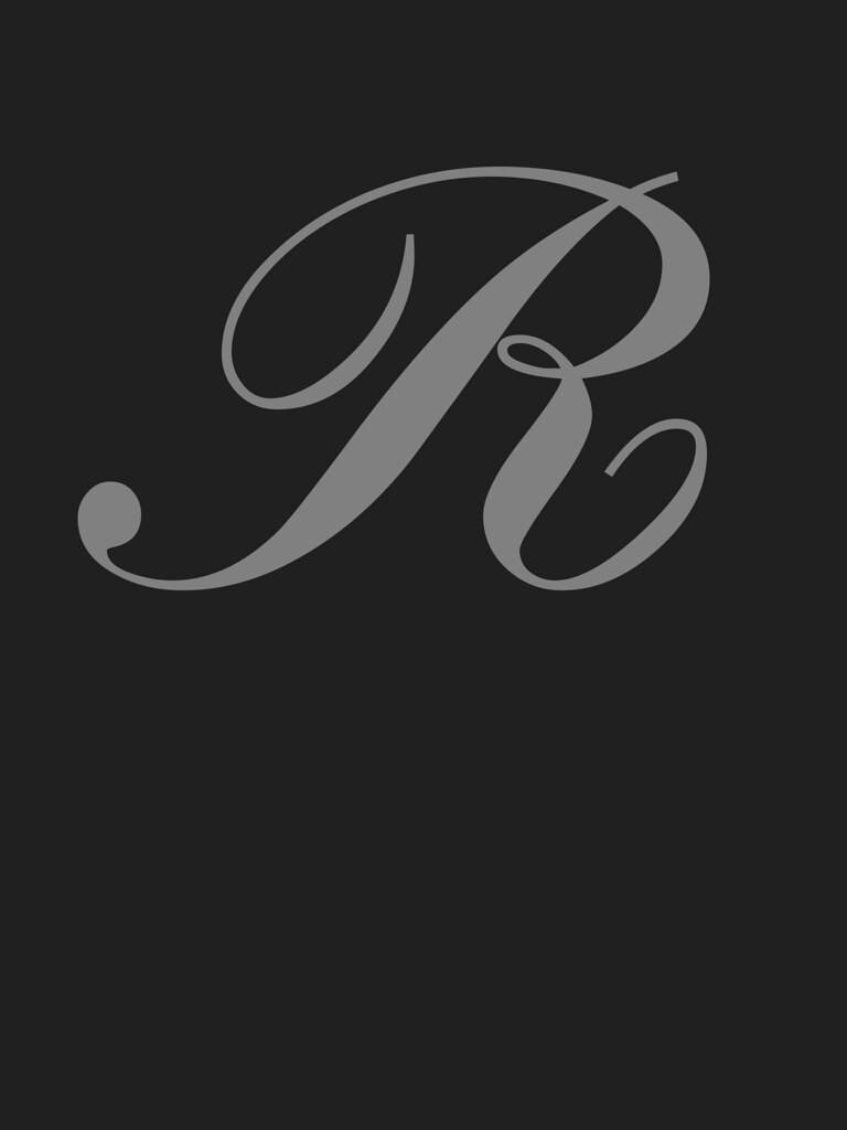 R 桌布 壁紙 — 一個大型優雅的灰色草寫字母R，居中放置在純深灰色背景上。