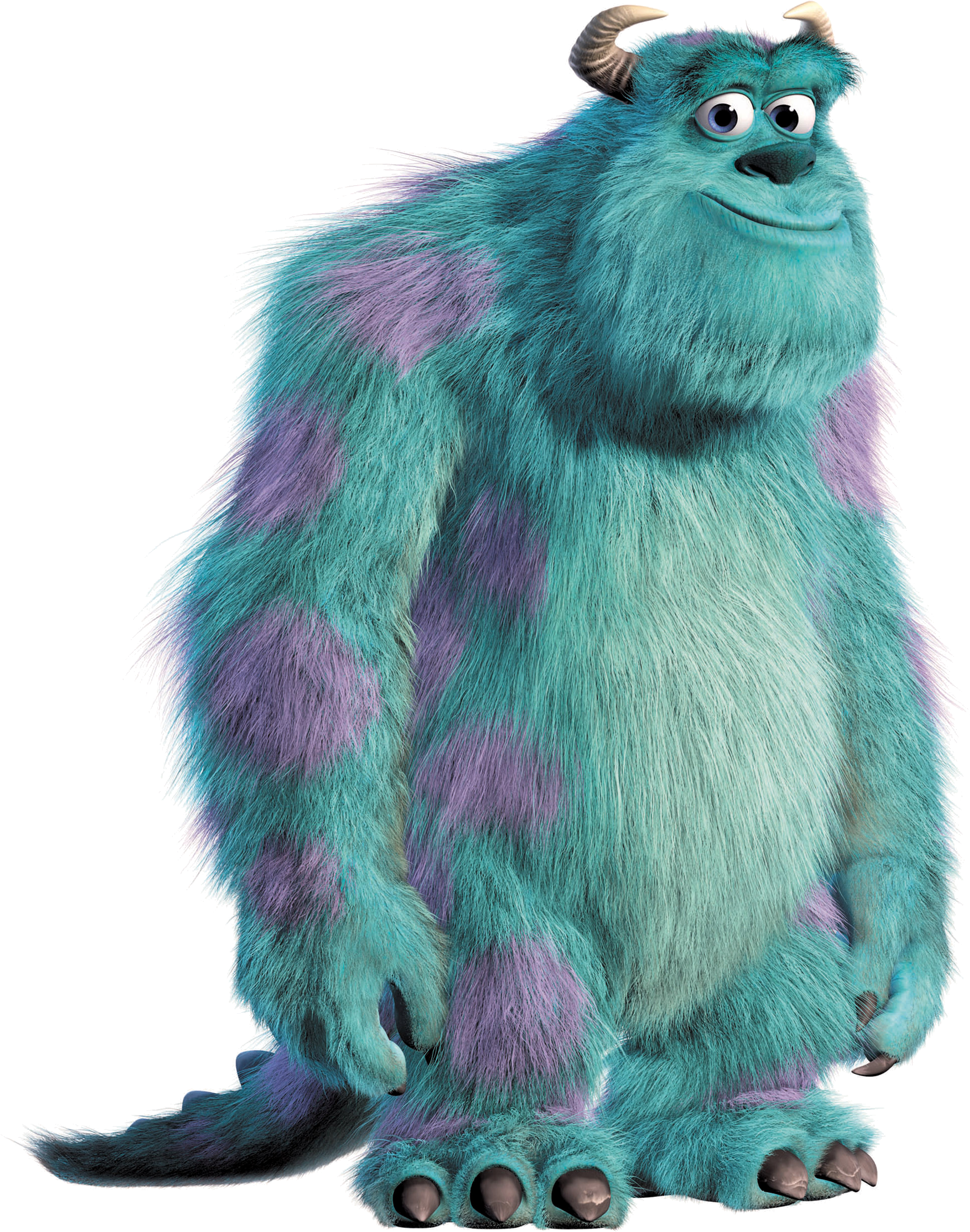 Pixar 桌布 壁紙 — 一個大型友善的藍綠色毛茸茸怪物，帶有紫色斑點和小角，在黑色背景上溫暖地微笑。