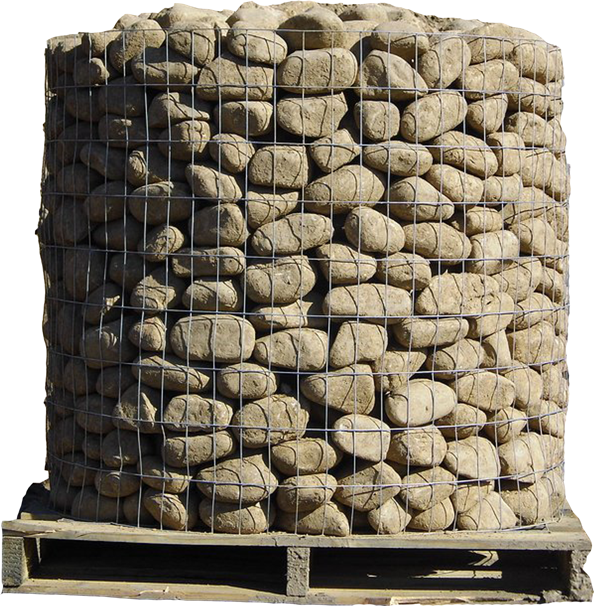 Stone 桌布 壁紙 — 一個大型圓柱形石籠，裝滿粗糙石頭，放在木托盤上，背景為黑色。