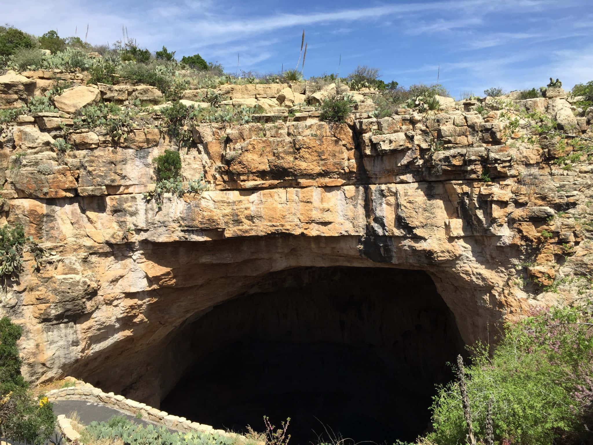 New Mexico 桌布 壁紙 — 一個大型天然岩石洞穴入口，由崎嶇的懸崖和沙漠植被環繞，在明亮的藍天下。