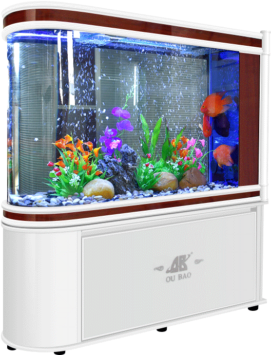 水族箱 桌布 壁紙 — 一個大型彎曲魚缸，金魚在色彩繽紛的塑膠植物和藍色礫石之間游動，下方是明亮的藍色燈光。