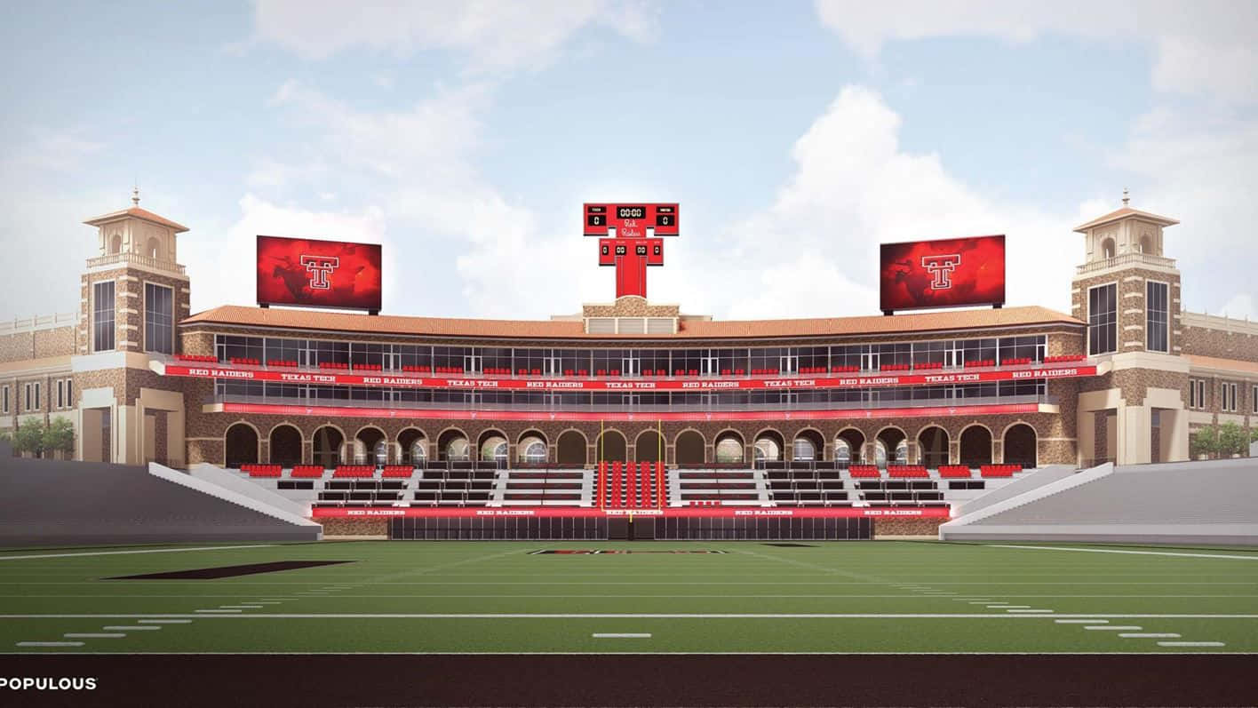 Texas Tech 桌布 壁紙 — 一個大型德州理工大學美式足球場，設有紅色座位和高聳的記分板，在明亮的藍天下。