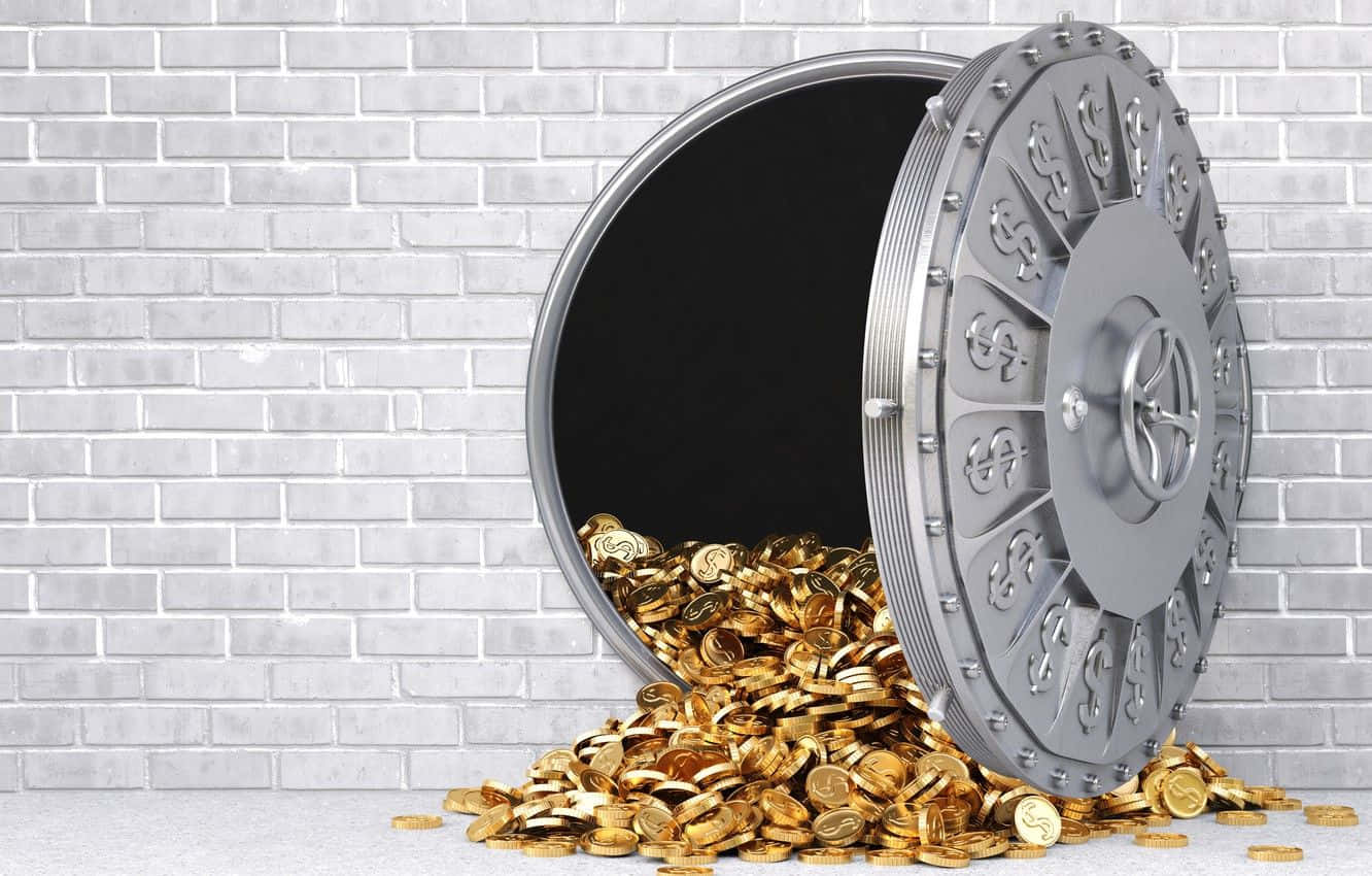 Rich 桌布 壁紙 — 一個大型打開的保險庫門將金幣倒在水泥地上，背景是白色磚牆。