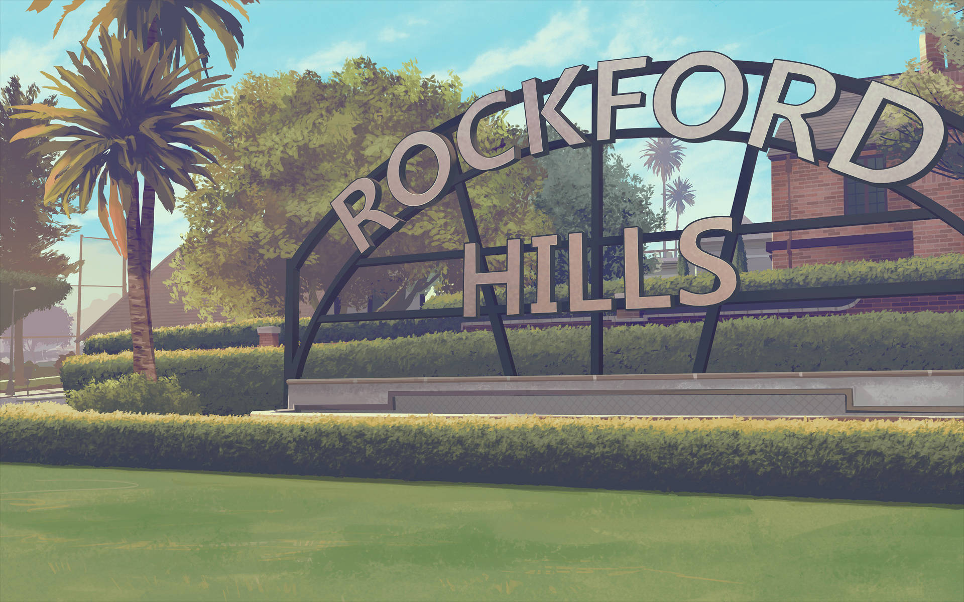 v 桌布 壁紙 — 一個大型拱形標誌，上面寫著「ROCKFORD HILLS」，矗立在一個修剪整齊的公園中，周圍有棕櫚樹和綠色籬笆，上方是明亮的藍天。