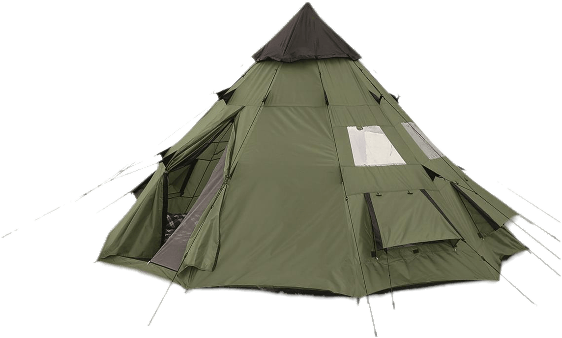 Tent 桌布 壁紙 — 一個大型橄欖綠色帳篷，打開的門襟和窗戶，孤立地矗立在純黑色背景前。