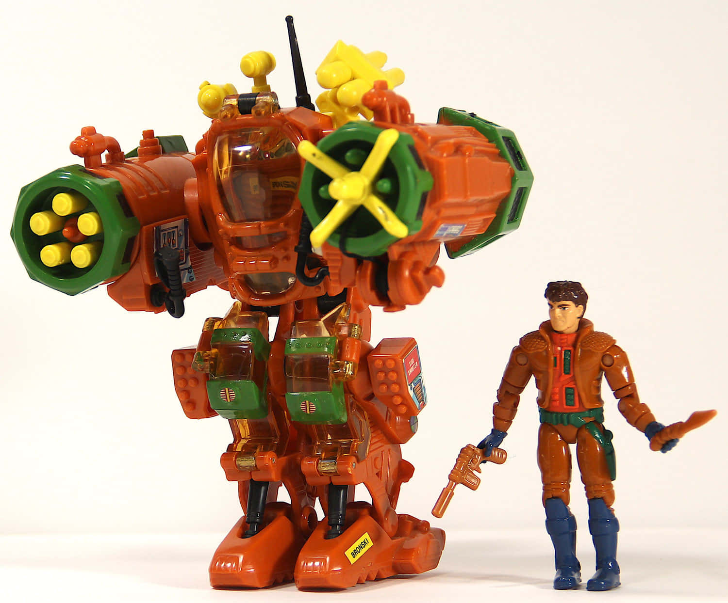 toys 桌布 壁紙 — 一個大型橙色和綠色玩具機器人，帶有黃色武器，站在一個較小的人形動作人偶旁邊，背景為純白色。