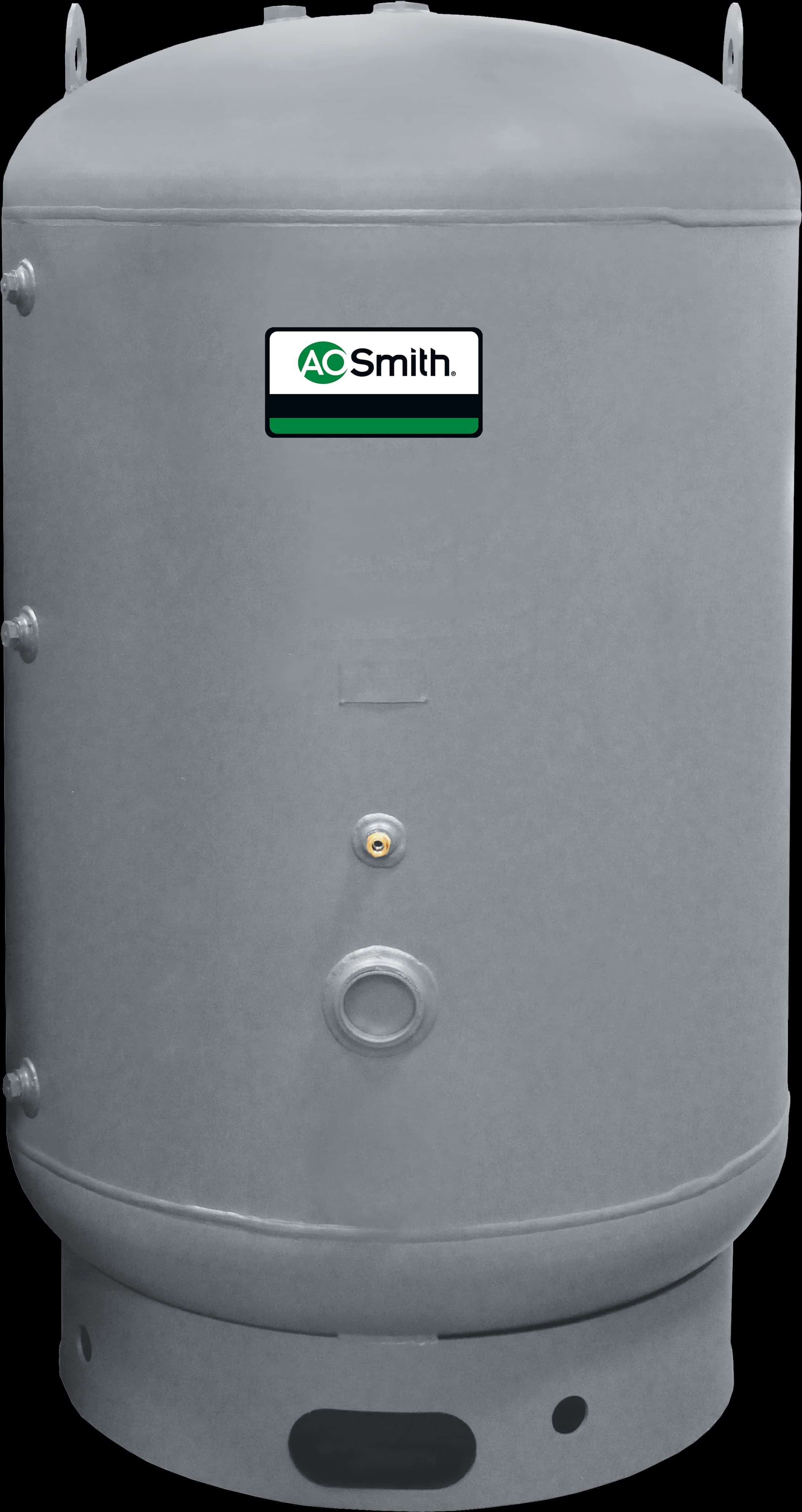 Container 桌布 壁紙 — 一個大型灰色AC Smith熱水器水箱，帶有可見的螺栓和綠色和白色標誌，背景為黑色。