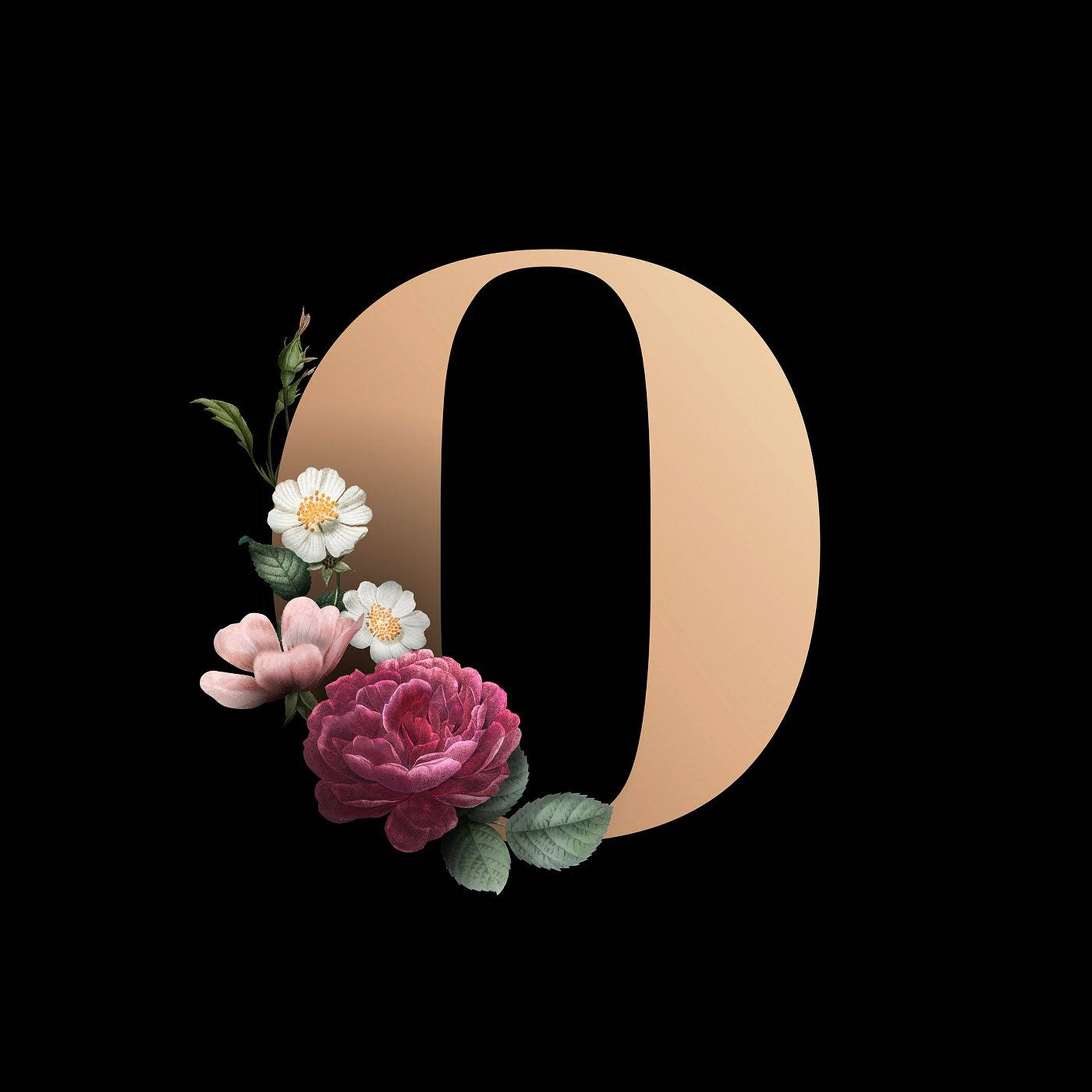 o 桌布 壁紙 — 一個大型玫瑰金色字母O，飾有粉紅色和白色的花朵及綠色葉子，背景為黑色。