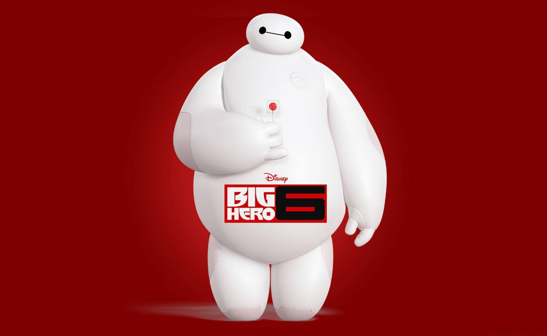 Baymax 桌布 壁紙 — 一個大型白色充氣機器人站在純紅色背景前，手持一個紅色按鈕。