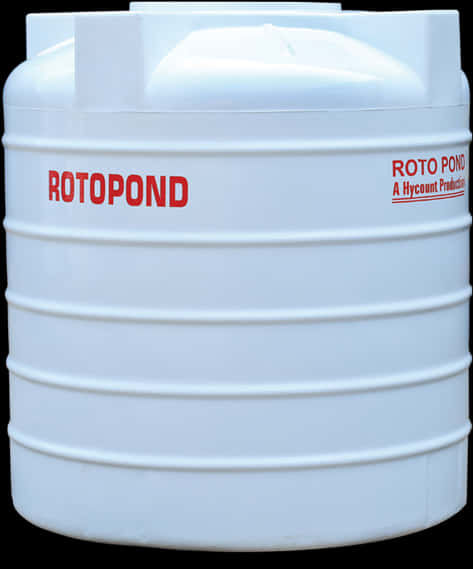 Container 桌布 壁紙 — 一個大型白色塑膠水缸，帶有紅色「ROTO POND」標誌，矗立在黑色背景前。