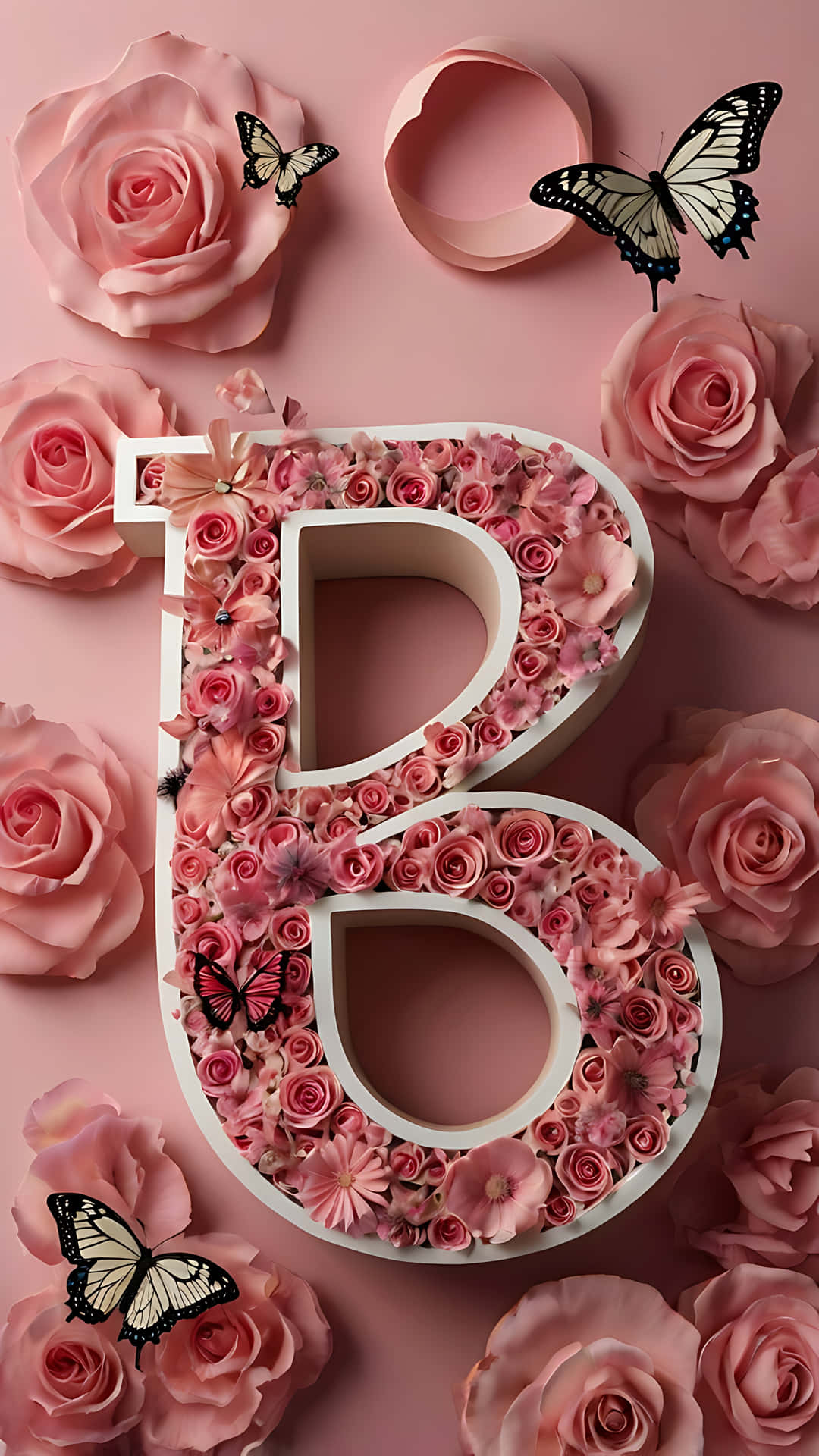 Love Sign with Floral Elegance letter B wallpaper 壁紙 — 一個大型白色字母B，飾有粉紅玫瑰，周圍環繞著粉紅玫瑰和蝴蝶，背景為粉紅色。