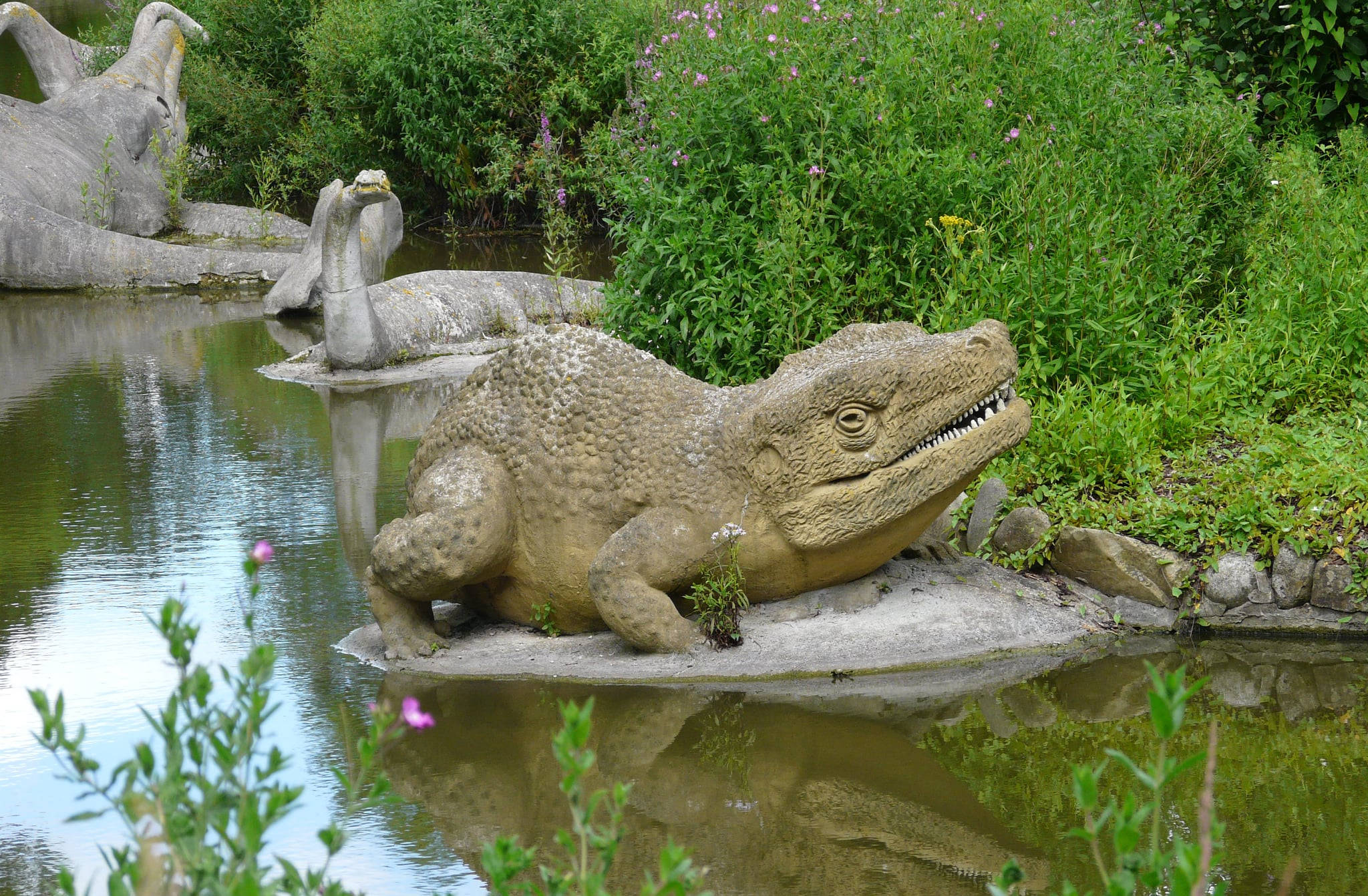Garden 桌布 壁紙 — 一個大型石鱷魚雕像放置在池塘邊，周圍環繞著茂密的綠色植物和紫色花朵。