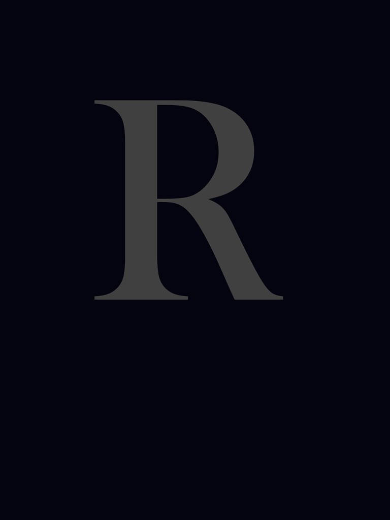 R 桌布 壁紙 — 一個大型簡約灰色字母R，居中於純黑色背景上。