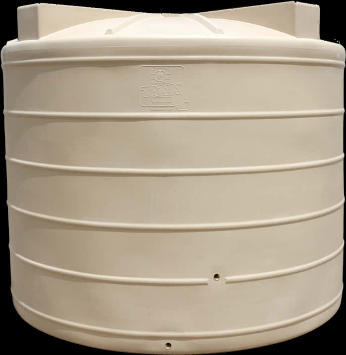 Container 桌布 壁紙 — 一個大型米白色塑膠水塔，帶有水平條紋，側面壓印有標誌，矗立在黑色背景前。