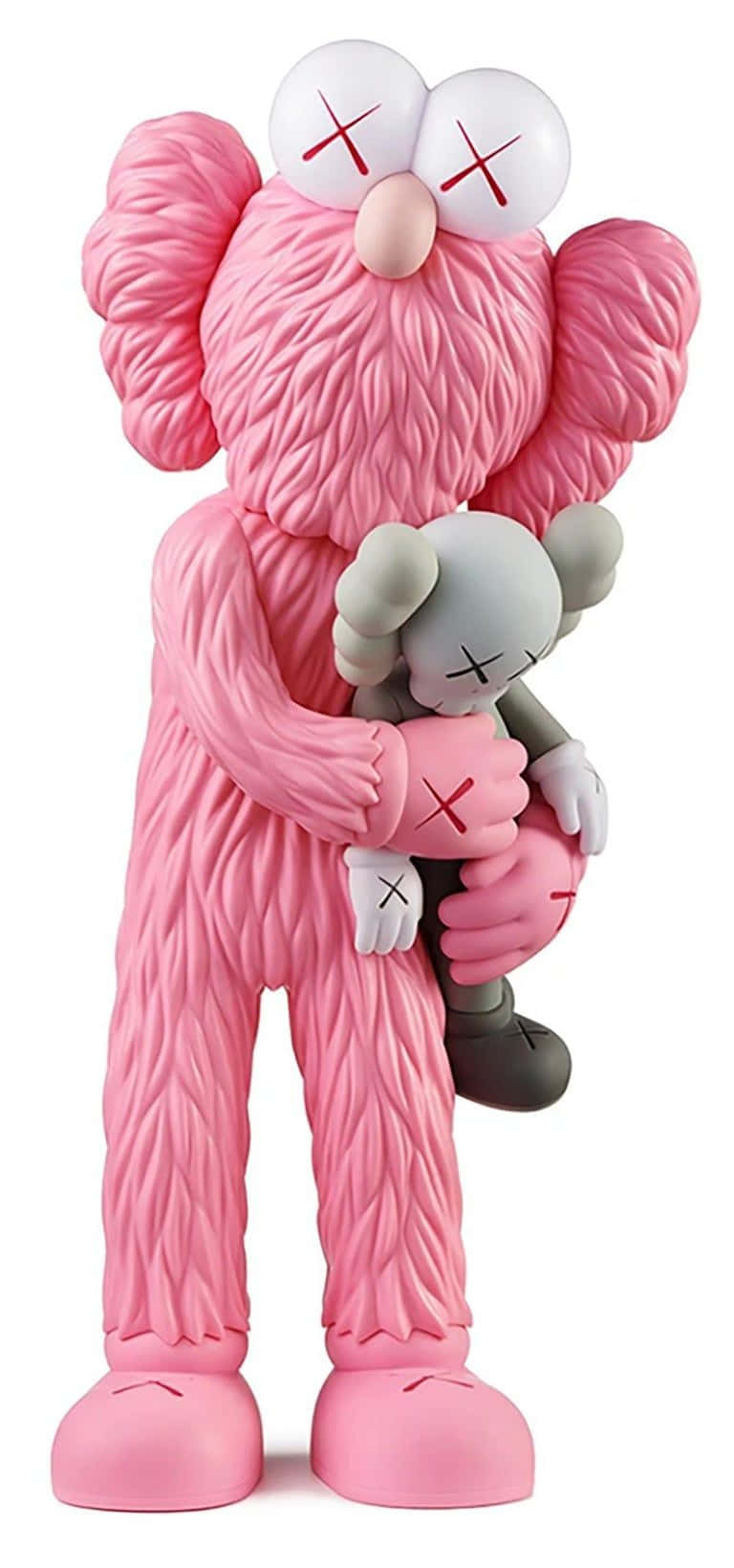 KAWS 桌布 壁紙 — 一個大型粉紅色KAWS公仔，帶有紋理毛絨，在純白色背景前擁抱一個較小的灰色KAWS公仔。