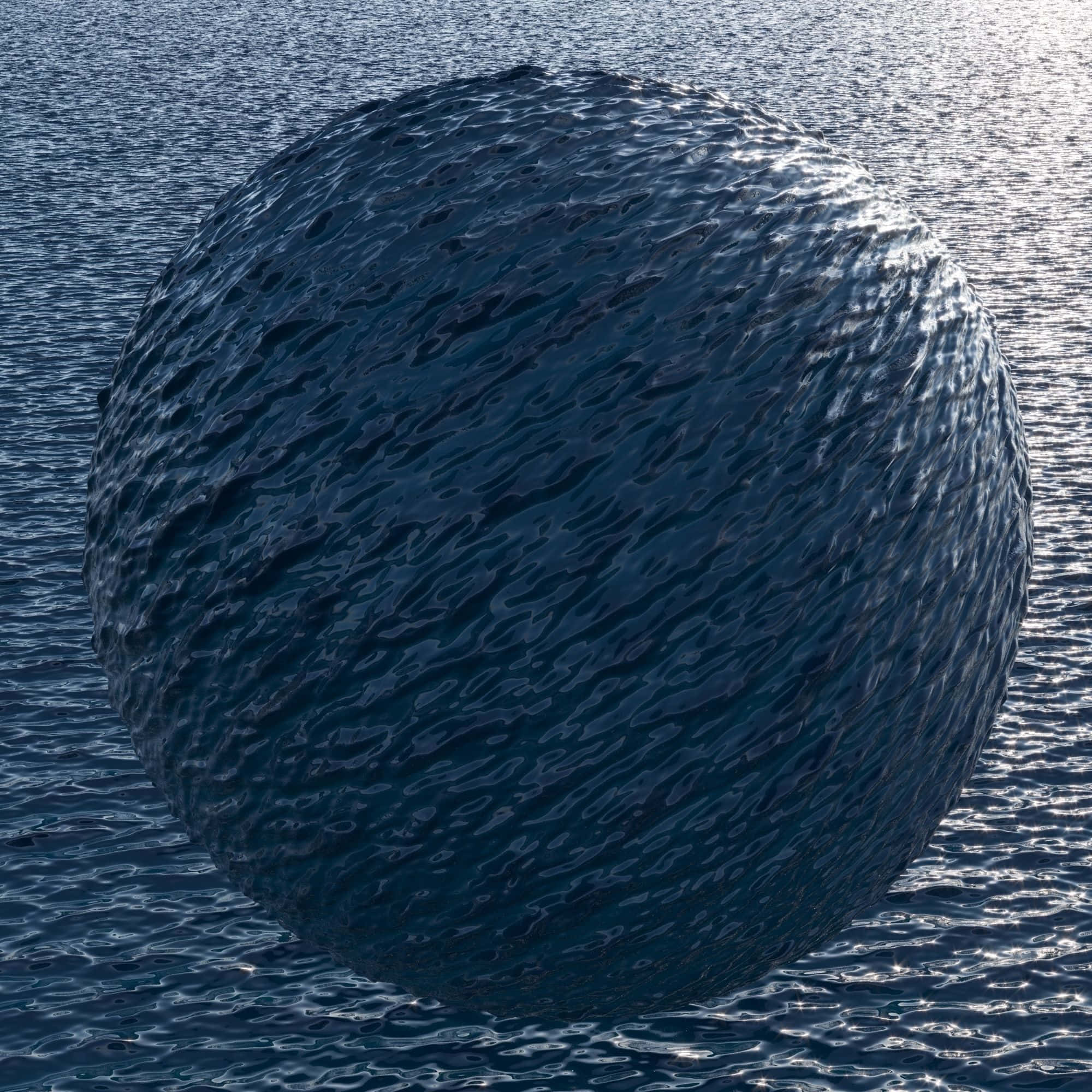 3d Ocean 桌布 壁紙 — 一個大型紋理球體在柔和陽光下，靜靜地漂浮在漣漪的藍色水面上。