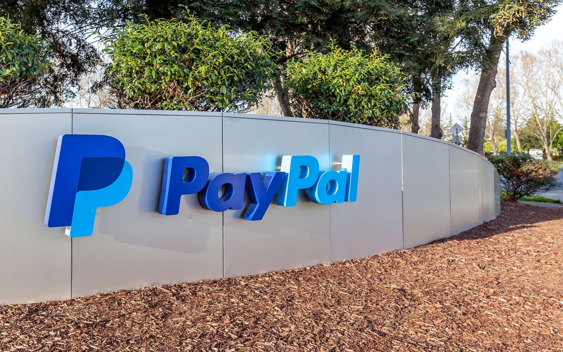 PayPal 桌布 壁紙 — 一個大型藍色PayPal標誌安裝在彎曲的灰色牆上，周圍有綠色灌木和棕色覆蓋物，在明亮的日光下。