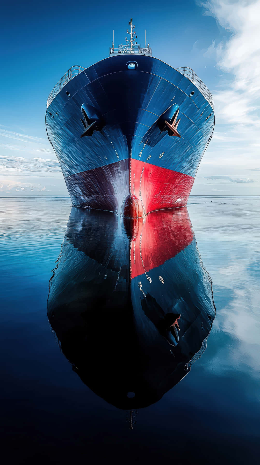 Massive cargo ship with red and blue hull reflecting on calm ocean waters 壁紙 — 一個大型藍色和紅色的船頭向前，在平靜的水面上映照出其鮮豔的色彩，下方是明亮的藍天，有散落的雲朵。