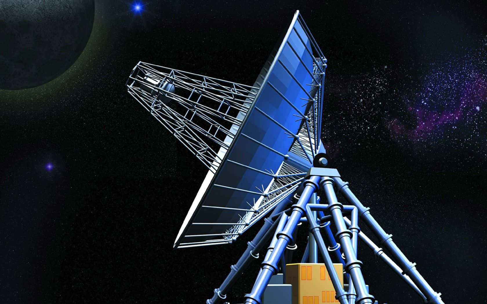 Satellite 桌布 壁紙 — 一個大型藍色衛星天線聳立在星空宇宙背景前，背景有月亮和色彩繽紛的星雲。