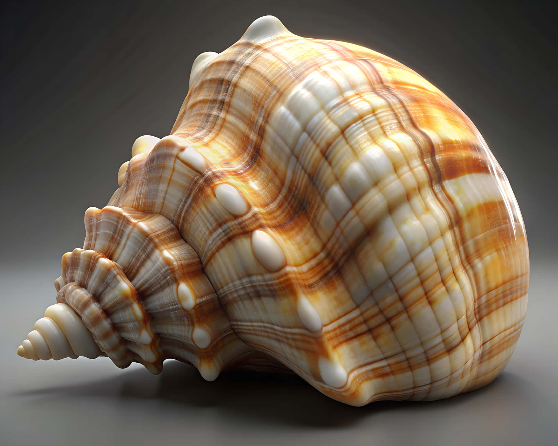 Sea shell 壁紙 — 一個大型螺旋貝殼，帶有複雜的棕色和奶油色條紋及凸起的結節，放置在灰色表面上。