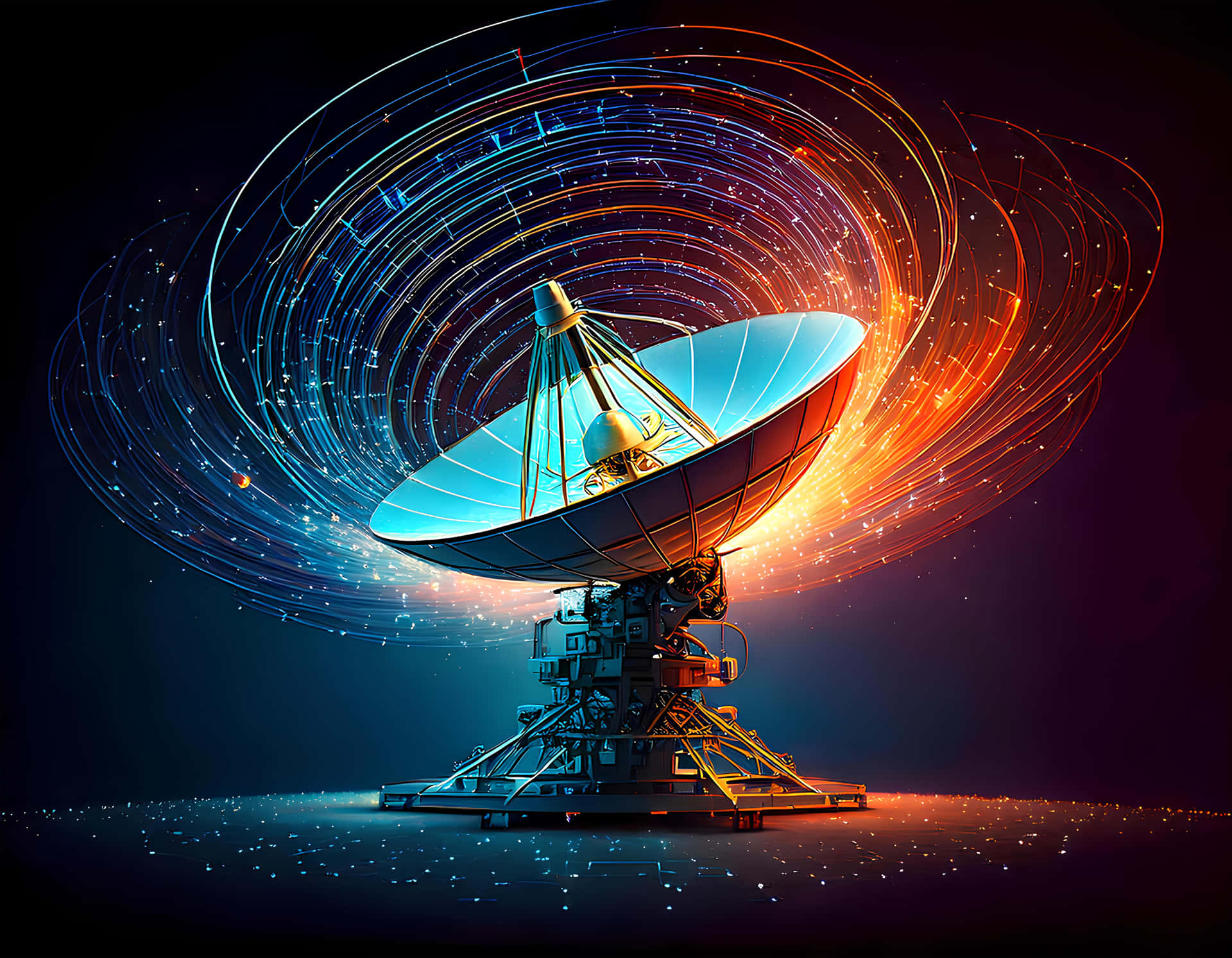 Satellite Dish 壁紙 — 一個大型衛星天線在黑暗的宇宙背景下發出旋轉的藍色和橙色能量軌跡。