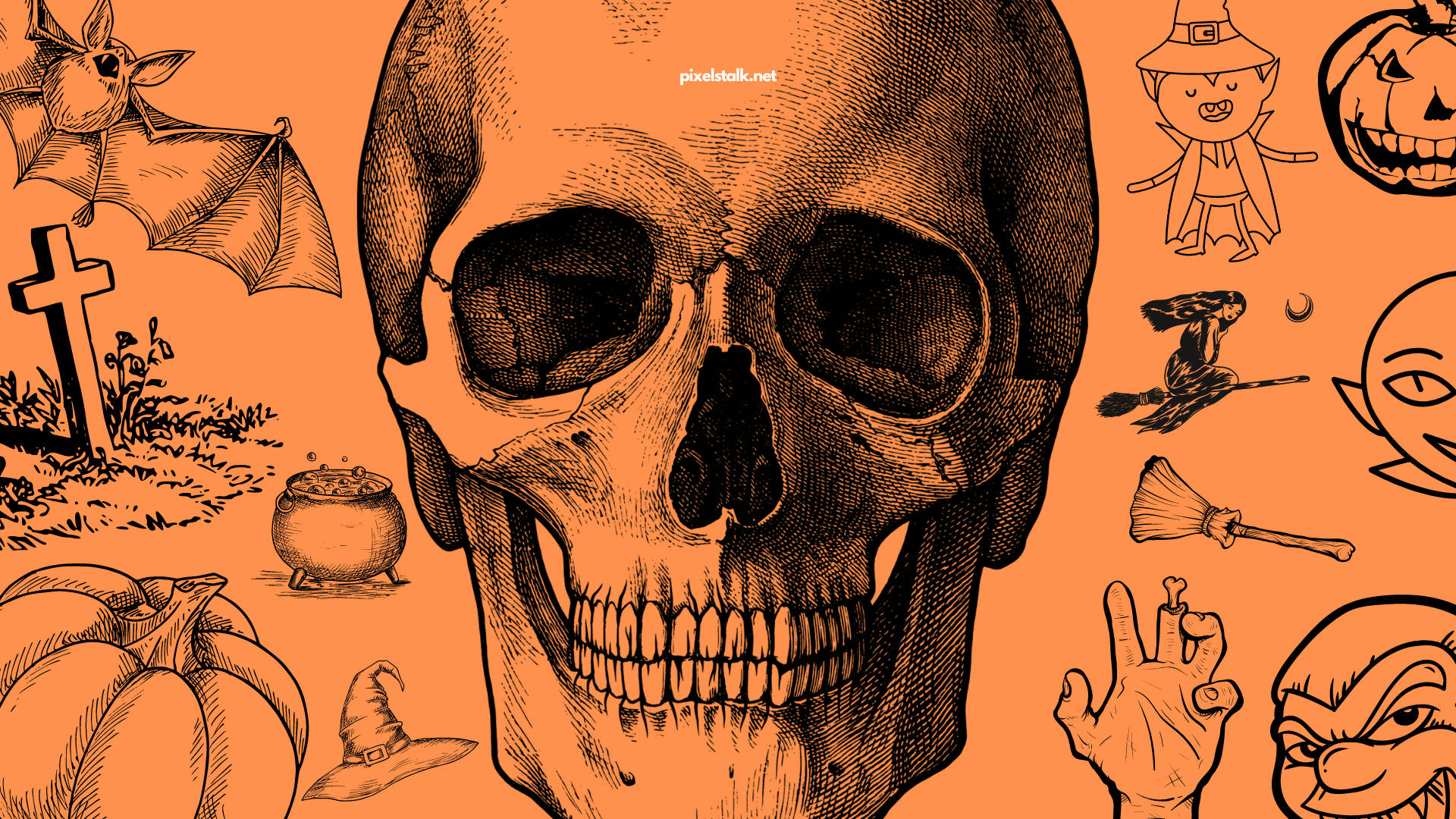 Vintage Halloween 桌布 壁紙 — 一個大型詳細的頭骨主導著橙色背景，周圍環繞著經典的萬聖節圖標，如南瓜、女巫和蝙蝠。