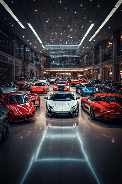 Luxury Car Collection Showroom  BMW, Ferrari, Lamborghini, Porsche 4K 壁紙 — 一個大型豪華車展廳在星空天花板下展示對稱排列的紅色和銀色超級跑車，地板線條發光。