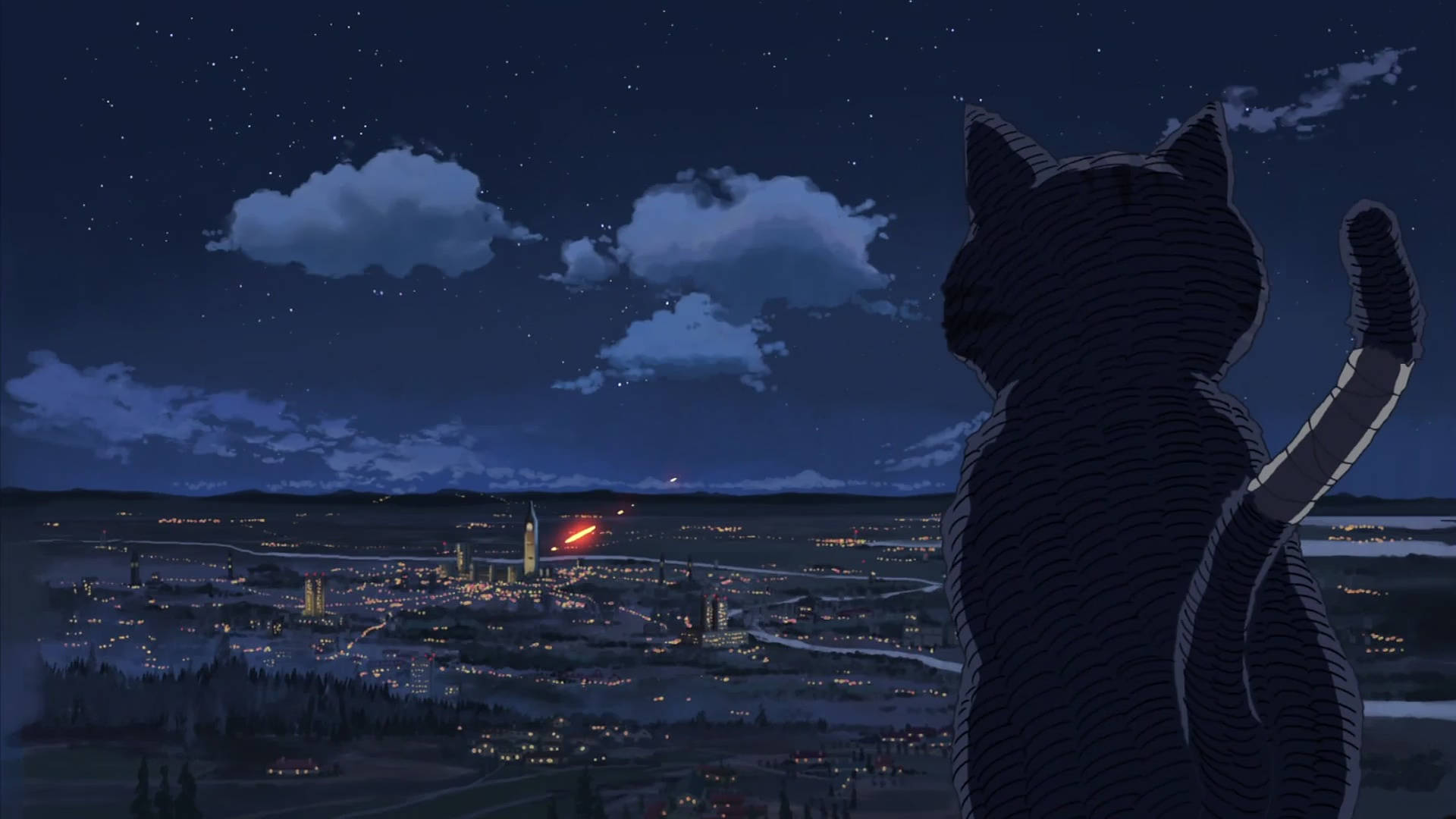 Makoto Shinkai 桌布 壁紙 — 一個大型貓剪影在繁星點點的夜空和飄浮的雲朵下，凝視著閃爍的城市景觀。