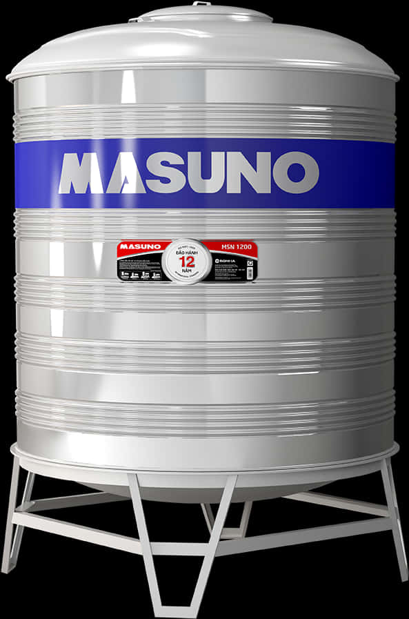 Container 桌布 壁紙 — 一個大型銀色Masuno水箱，帶有藍色品牌標識和保修標籤，放置在白色金屬支架上，背景為黑色。