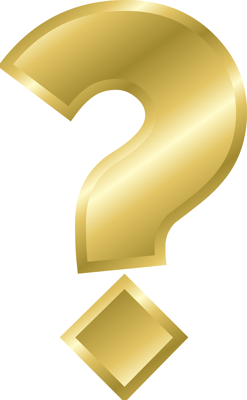 Questions 桌布 壁紙 — 一個大型閃亮金色問號，下方有一個相配的鑽石形狀，背景為純白色。